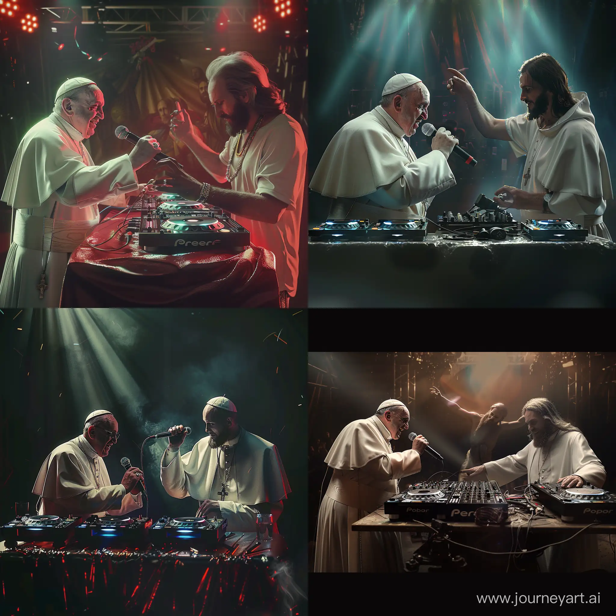Hyperrealistic cinematic 8k image of pope francis rapping in a concert with a microphone. While Jesus Christ is working as the dj, mixing and playing the music. A masterpiece 