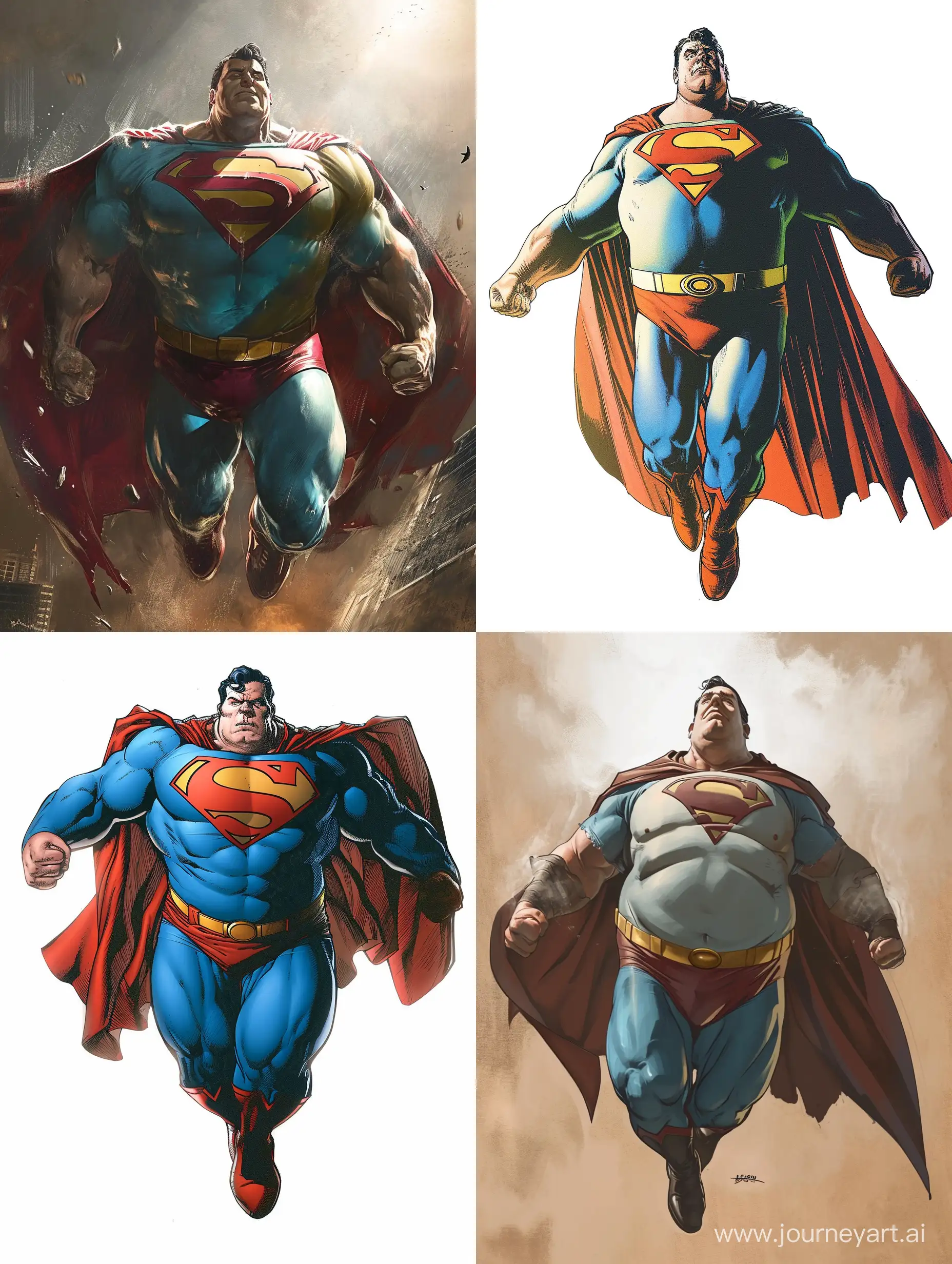 obese SuperMan,overweigh size, he is flying