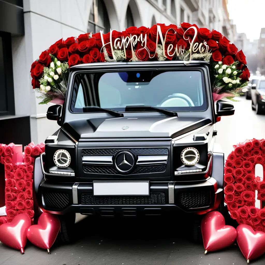 Happy new year sign with a Mercedes Benz G wagon  and a bouquet with 300 roses 