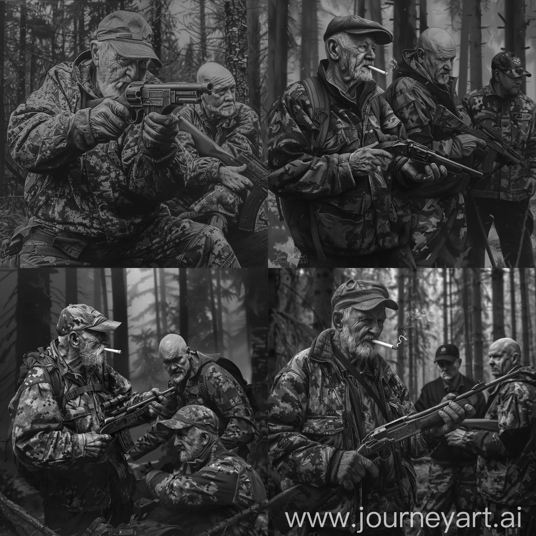 forest, taiga, three hunters, one hunter is an old man, a cigarette in his teeth, an old gun in his hands, an old camouflage jacket, a hat, a gray beard, another man is dressed in a camouflage jacket and dark pants, a bald head, an old gun in his hand, a third man in a cap, a camouflage dark jacket, an old gun in his hands, forest, taiga, gloomy atmosphere, black and white art, drawing, ultra detail, 8K image quality,  Dark Fantasy Style, John Kenn Mortenson style draw