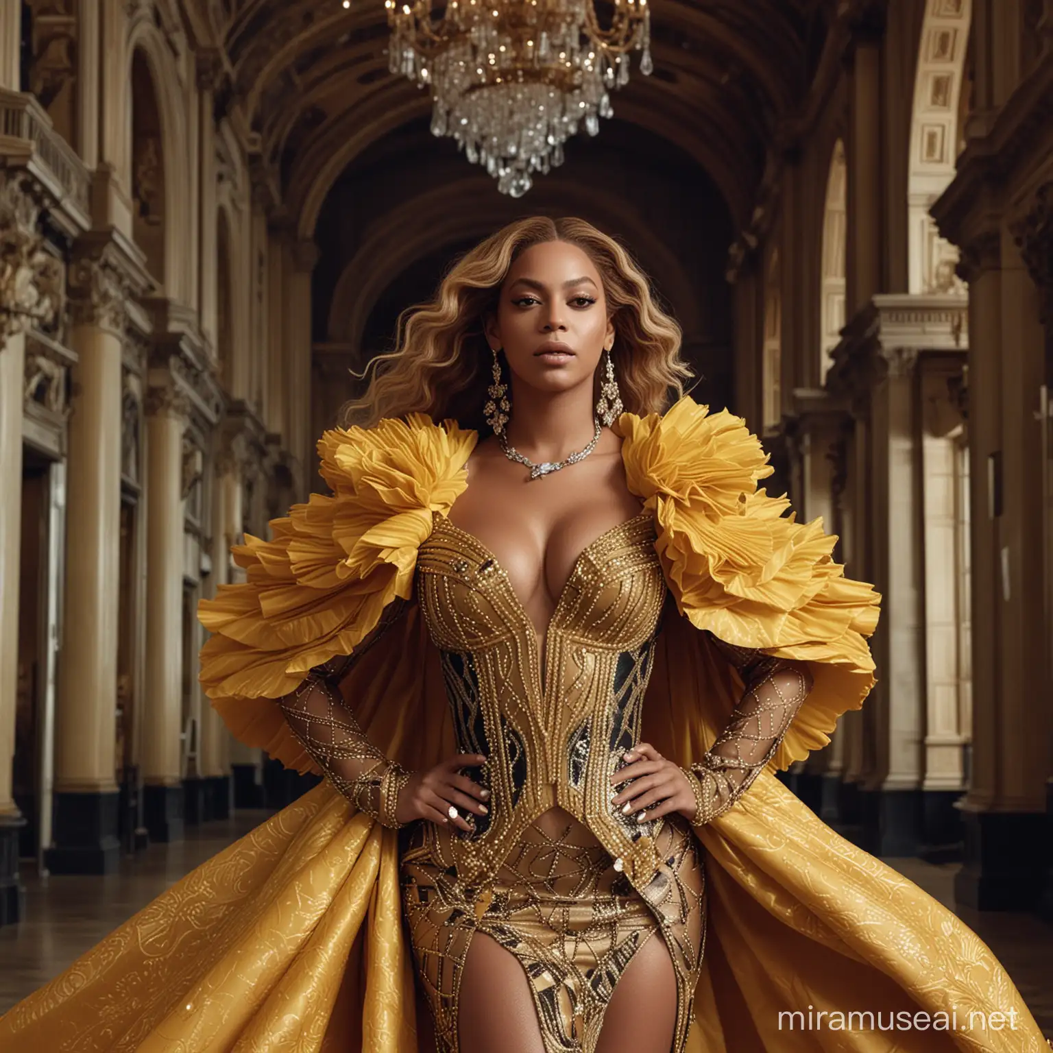 Amidst the grandeur of a historic opera house, Beyoncé stuns in Louis Vuitton's avant-garde creations. The photography captures her in a whirlwind of movement, each frame radiating with the energy of her electrifying performance. Against the opulent backdrop, Beyoncé's presence commands attention, effortlessly blending haute couture with streetwise elegance.