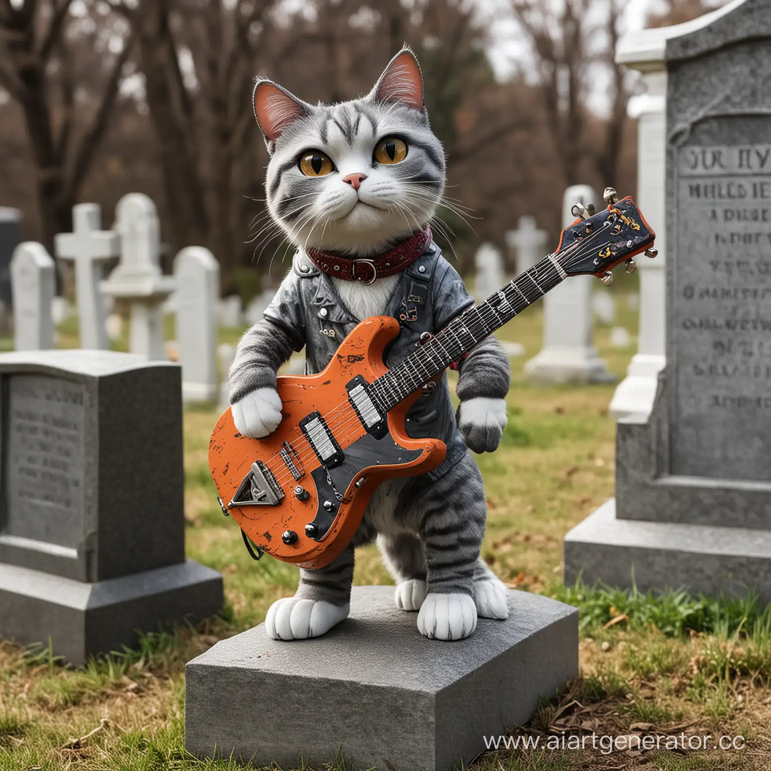 крутой кот рокер стоит на кладбище