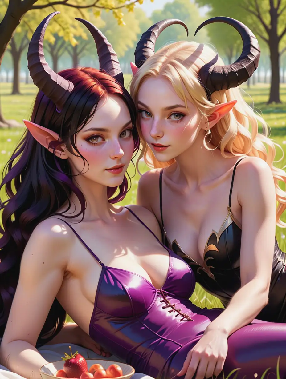fantasy theme, two people having a picnic on an idyllic spring day, one the left a crimson_skinned succubus with black horns and long pointed ears, on the right a pale faunperson with long faun ears and short curled goat horns, the blonde faunperson's lightly freckled skin shines in the golden sunlight as they sing, purple musical notes float around in the air next to the succubus's short dark hair