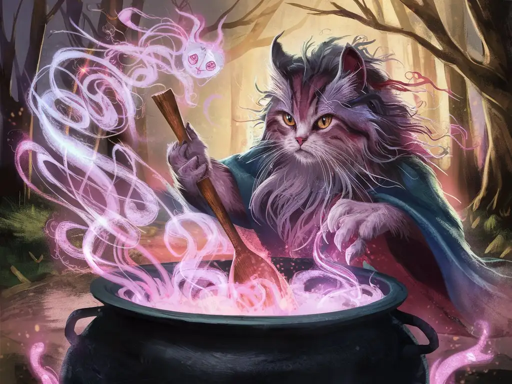 a shamanistic cat stirring a giant cauldron, with spirits swirling all around