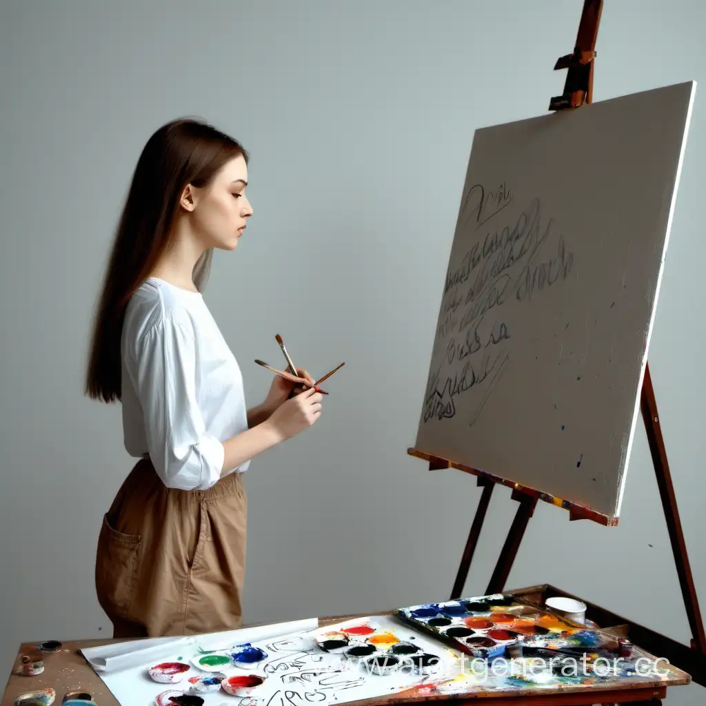 девушка-художник стоит и пишет на холсте сценарий с текстом, рядом с ней краски, кисти 
