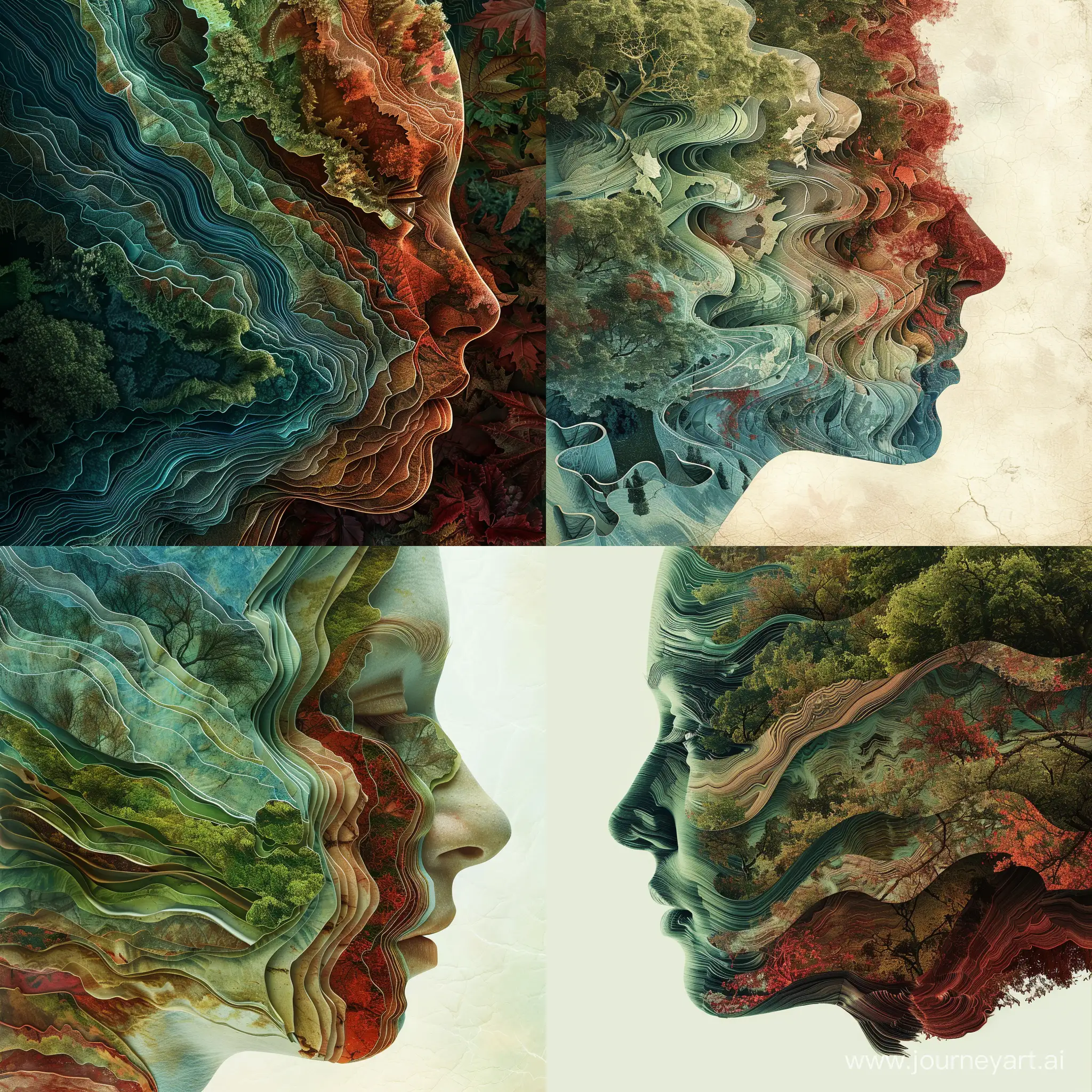Create an image of a profile of a human face that transitions from one side to the other with layered, wavelike textures. The left side should feature cool tones, predominantly green and blue, evoking lush foliage. The right side should contrast with warm tones, predominantly red and brown, reminiscent of rich earth and autumn leaves. The textures should give the impression of a topographical map, with flowing layers that create a sense of depth, blending organically into each other. The overall atmosphere should be serene and harmonious, symbolizing a connection with nature.