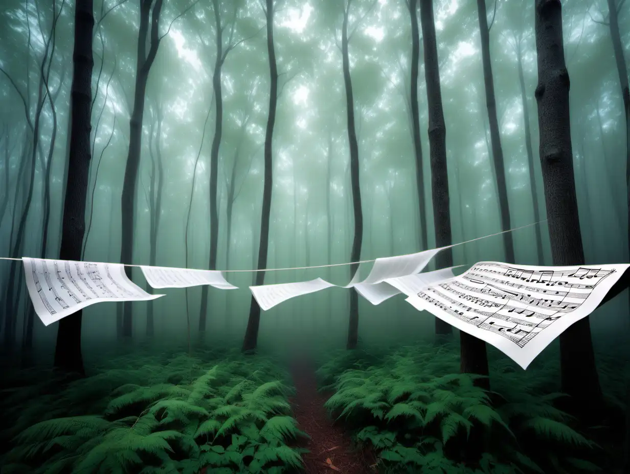 misty forest  , sheets of music blowing in the wind