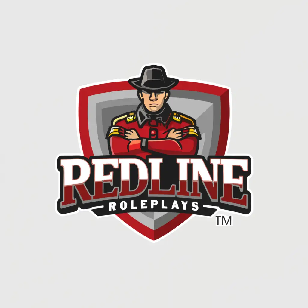 a logo design,with the text 'redline roleplay', main symbol:a red shield background with a crimson uniform. make sure the officer has his arms crossed with a vest on. and a state trooper hat.,Moderate,clear background, Red uniform, Make the hat a bit more flat