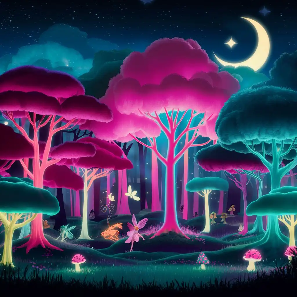 A whimsical forest filled with neon-colored trees and magical creatures, under a starry sky.