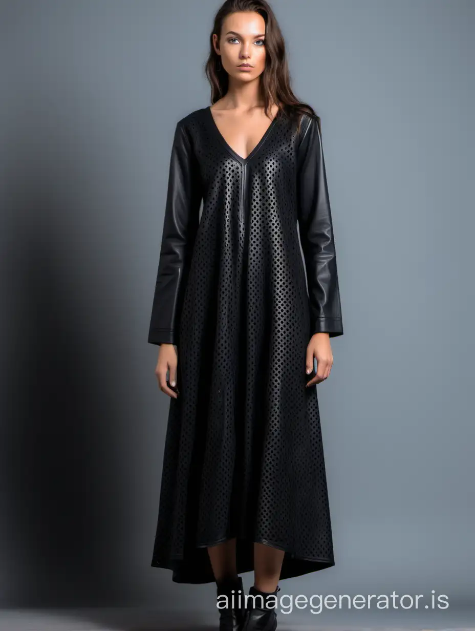 black long perforated dress  in boho style made of eco leather with a V-neck and long sleeves