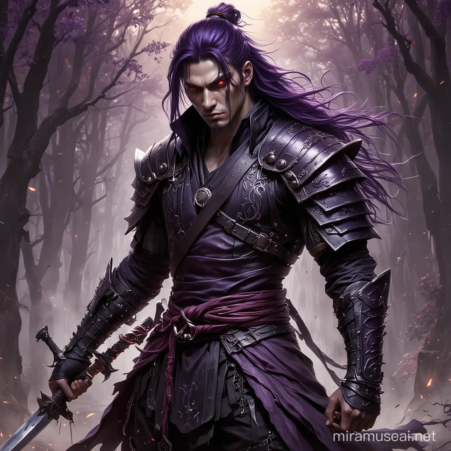 Acheron stands tall and enigmatic, a human warrior with pale skin, long dark purple hair cascading down his back, and piercing bright violet eyes that seem to hold hidden depths. He dons a black and purple samurai-inspired outfit, featuring a long-sleeved jacket and asymmetrical boots that speak of his martial prowess. Adorning his attire are accessories such as a chitinous shoulder guard and a chain wrapped around his left wrist, hinting at a life steeped in battle.

A red and purple flame tattoo blazes on his thigh, adding a touch of mystique to his already imposing presence. In his hands, he wields an ōdachi sword, its blade etched with ancient runes, nestled within a scabbard bearing similar engravings. When he unsheathes his blade, his hair transforms from dark purple to radiant white, and his outfit shifts from black and purple to blood red, a manifestation of the latent power coursing through his veins.

This depiction captures the essence of Acheron as a formidable male warrior, mysterious and powerful, ready to face whatever challenges lie ahead.