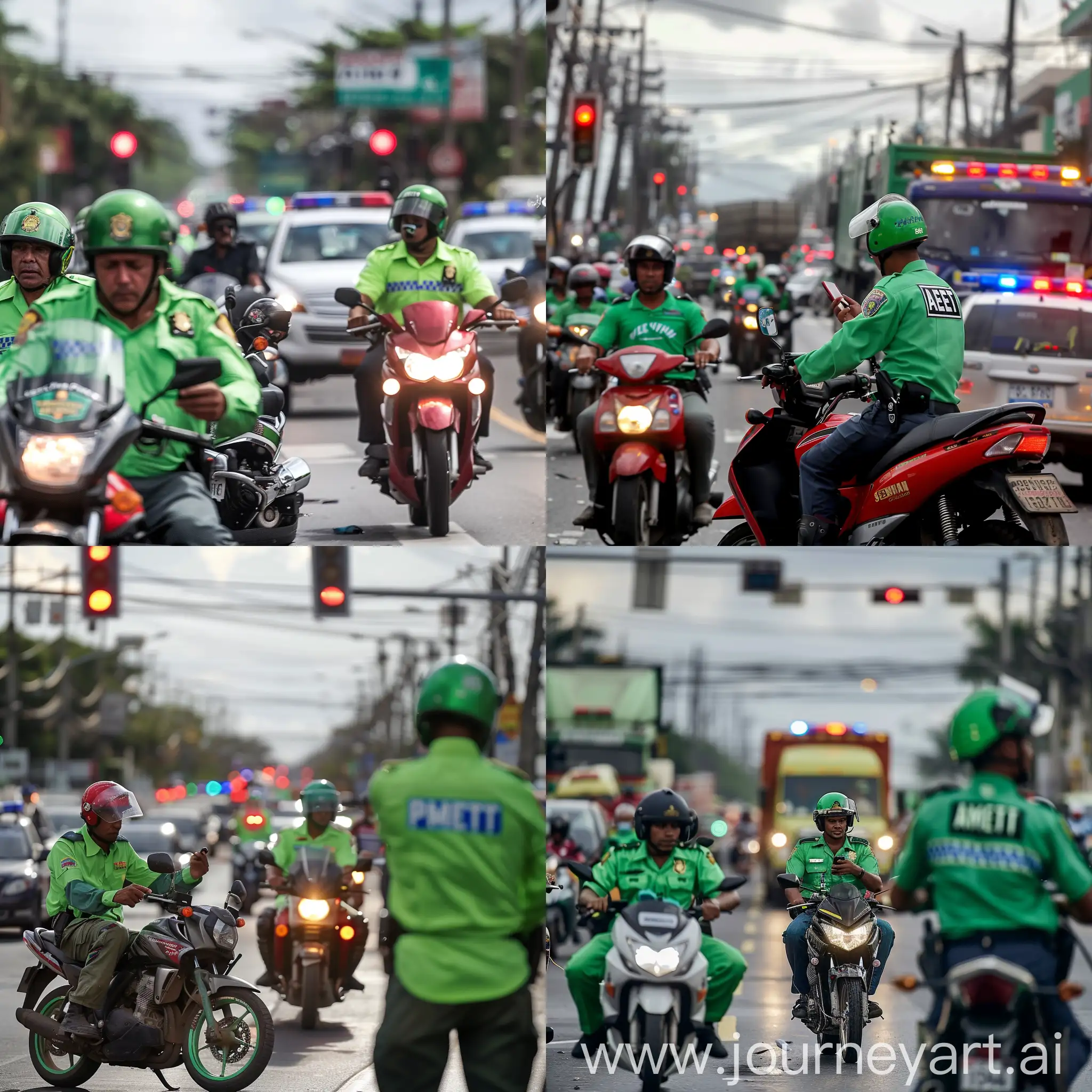 un caótico escena del transito en santo domingo con motoristas y camiones pasando en rojo y la policía del transito con uniforme verde, amet mirando su teléfono 