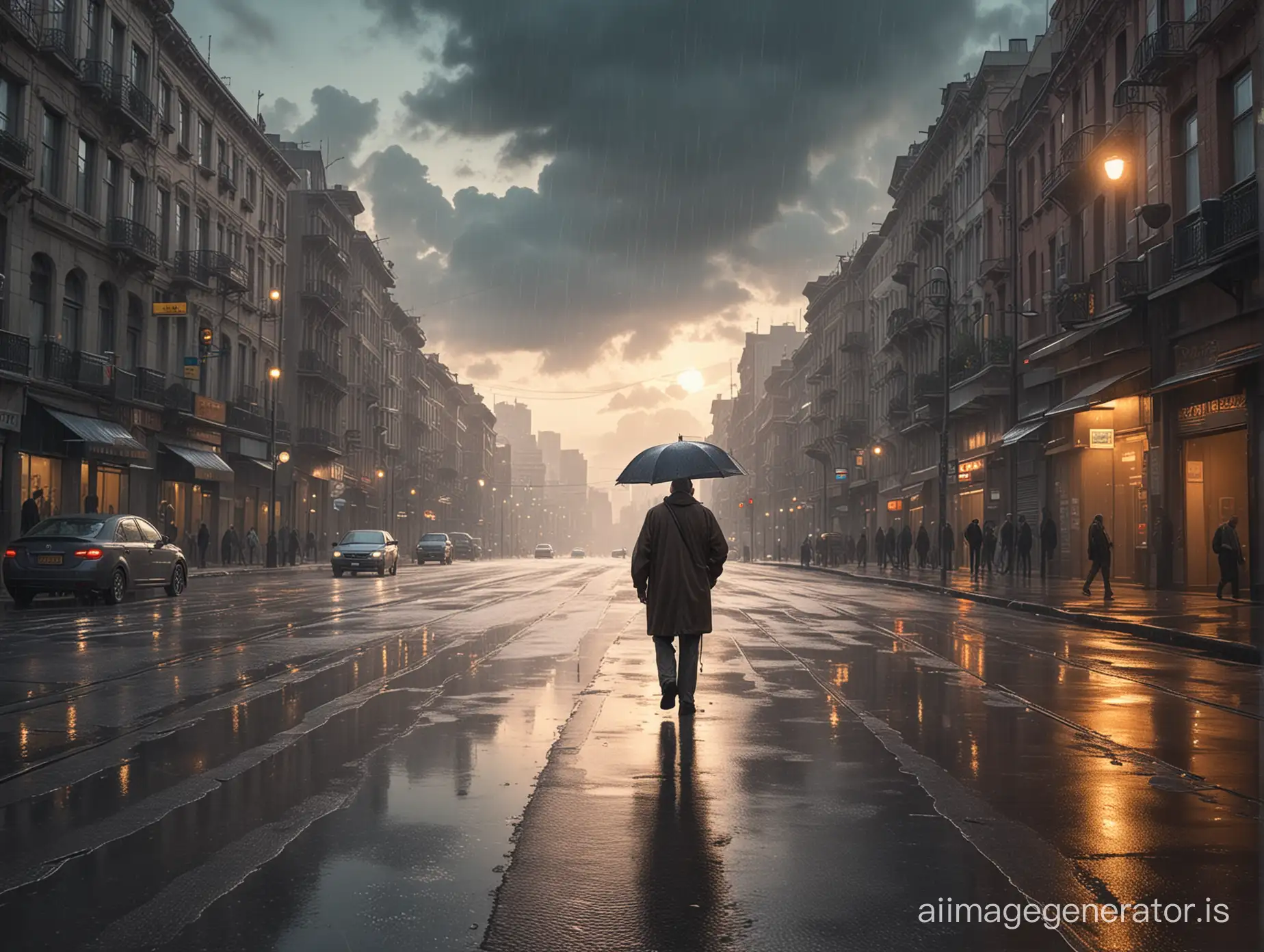 Urban-Twilight-Elderly-Gentleman-Strolling-in-a-Rainy-SparselyVehicular-Metropolis