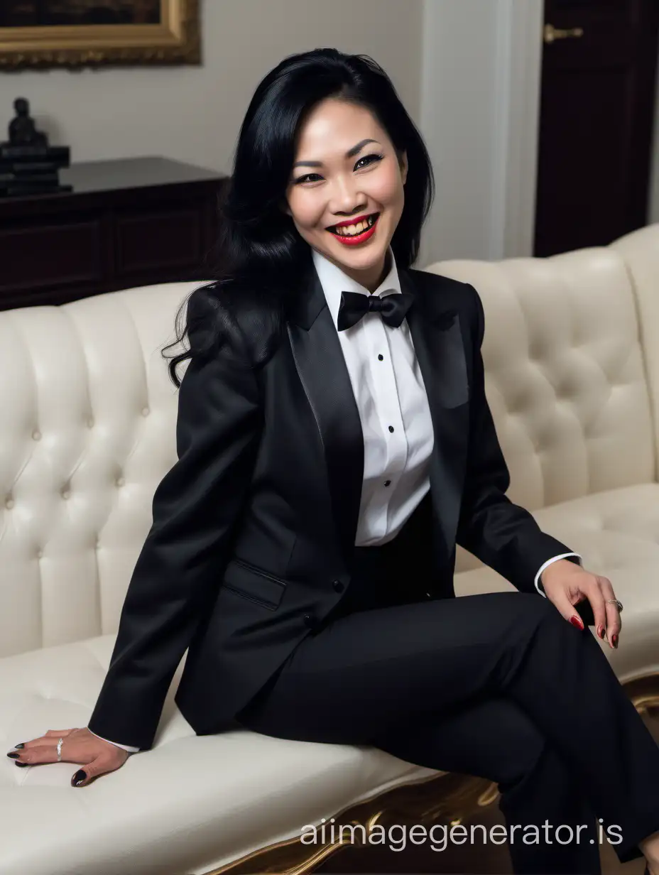 It is night. The scene is a dark room in a mansion. A beautiful smiling and laughing middle age vietnamese woman with long black hair, and lipstick is sitting on a couch looking at the viewer.  She is wearing a tuxedo with a black jacket and black pants.  Her shirt is white with double french cuffs and a wing collar.  Her bowtie is black.   Her cufflinks are large and black.  She is wearing shiny black high heels. Her jacket is open.  