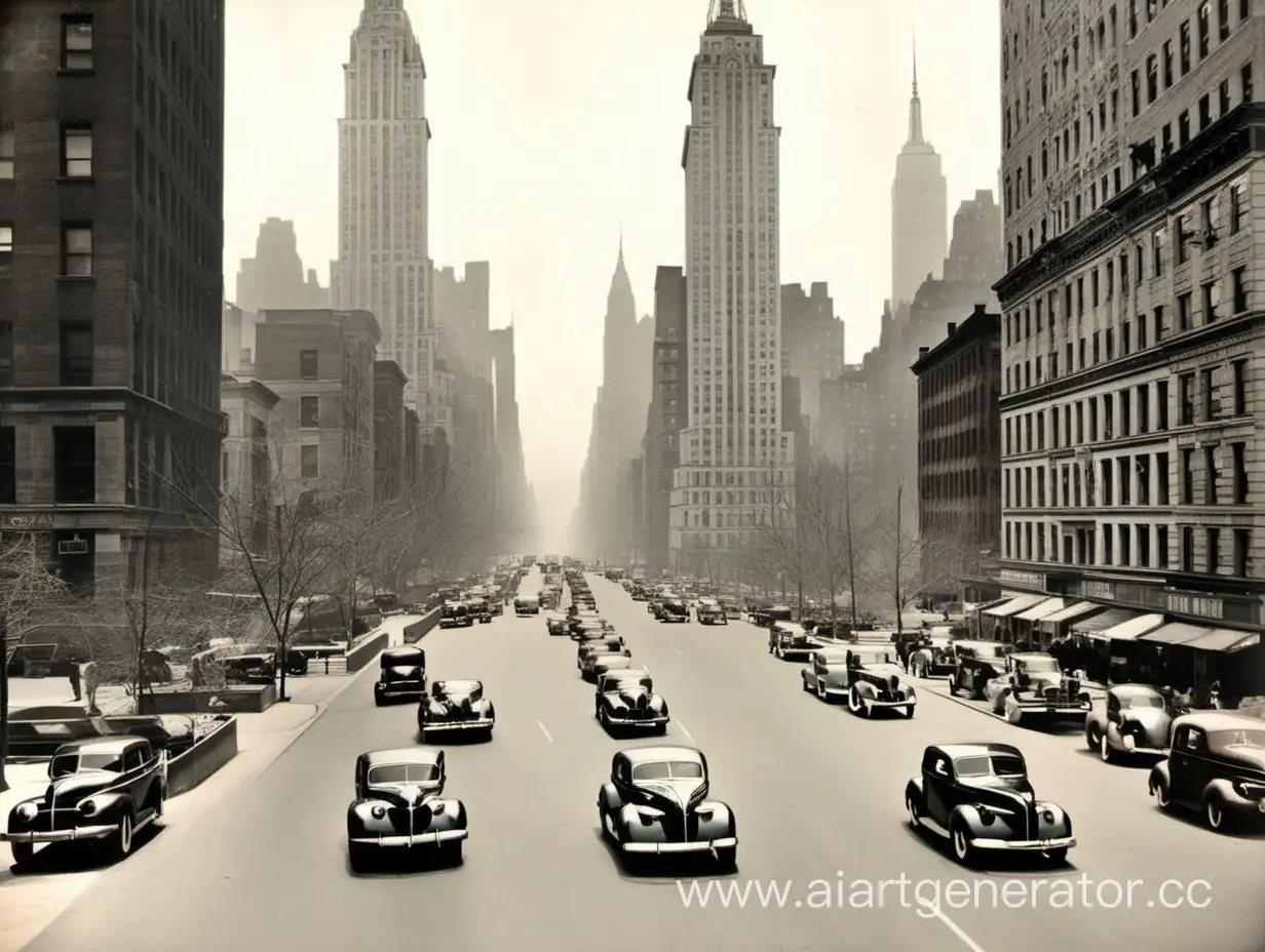 широкая улица Нью-Йорка 1940 с видом на небоскребы и по ней едут ретро автомобили