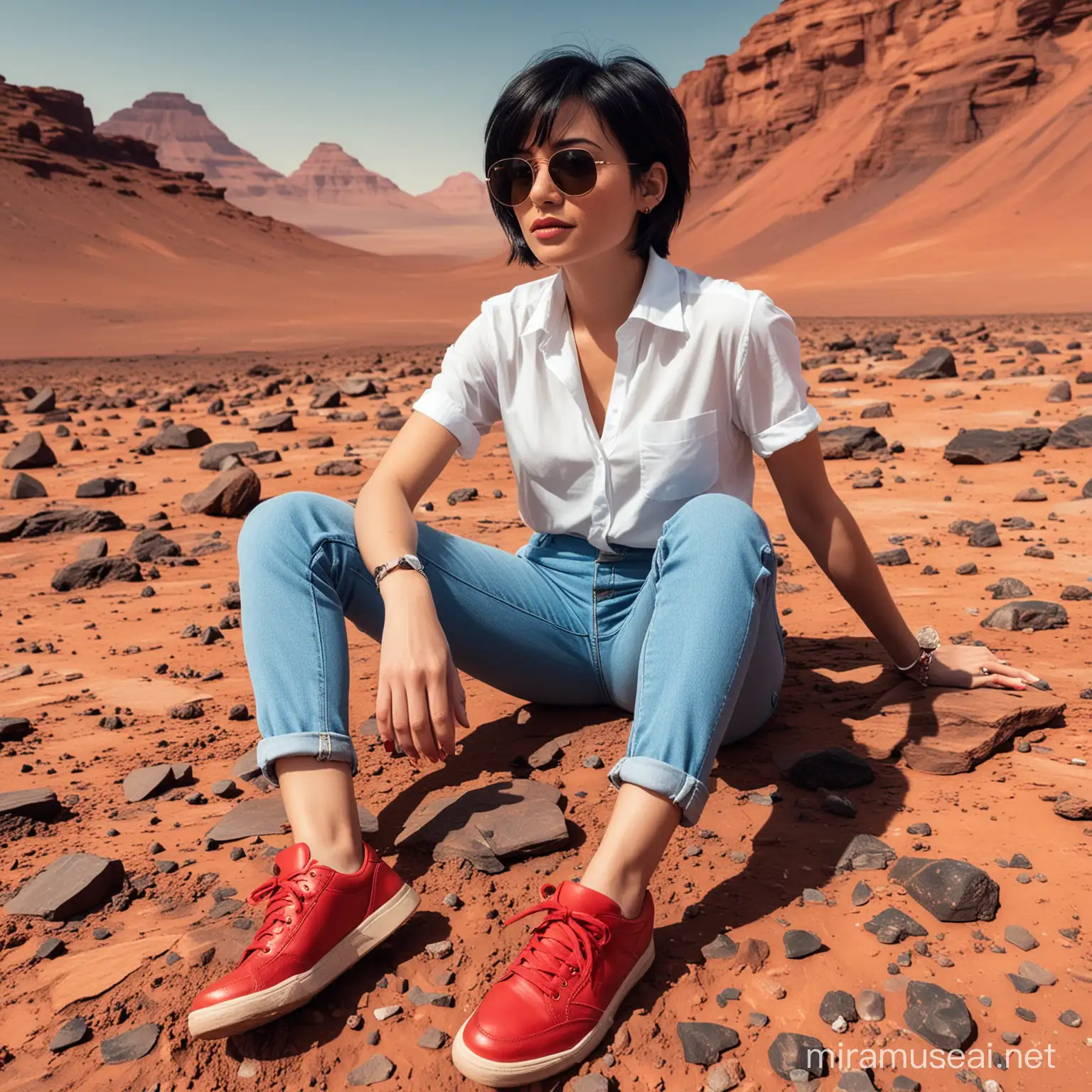 woman, short black hair, sunglasses, white shirt, blue jeans and red trainers on legs, woman sitting on the planet mars, space abyss all around
