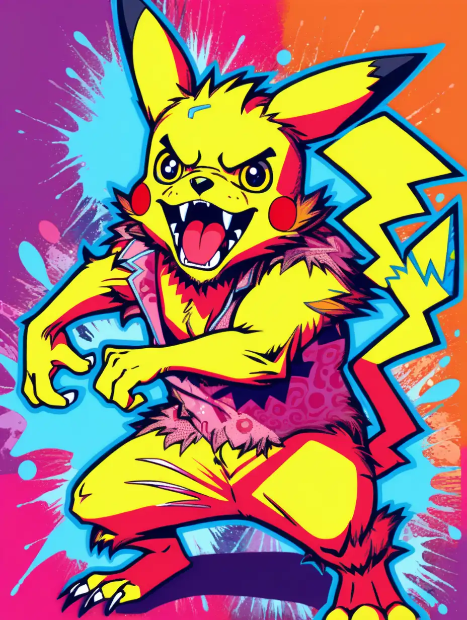 Werewolf Pikachu, vibrant colors, pop art illustration style