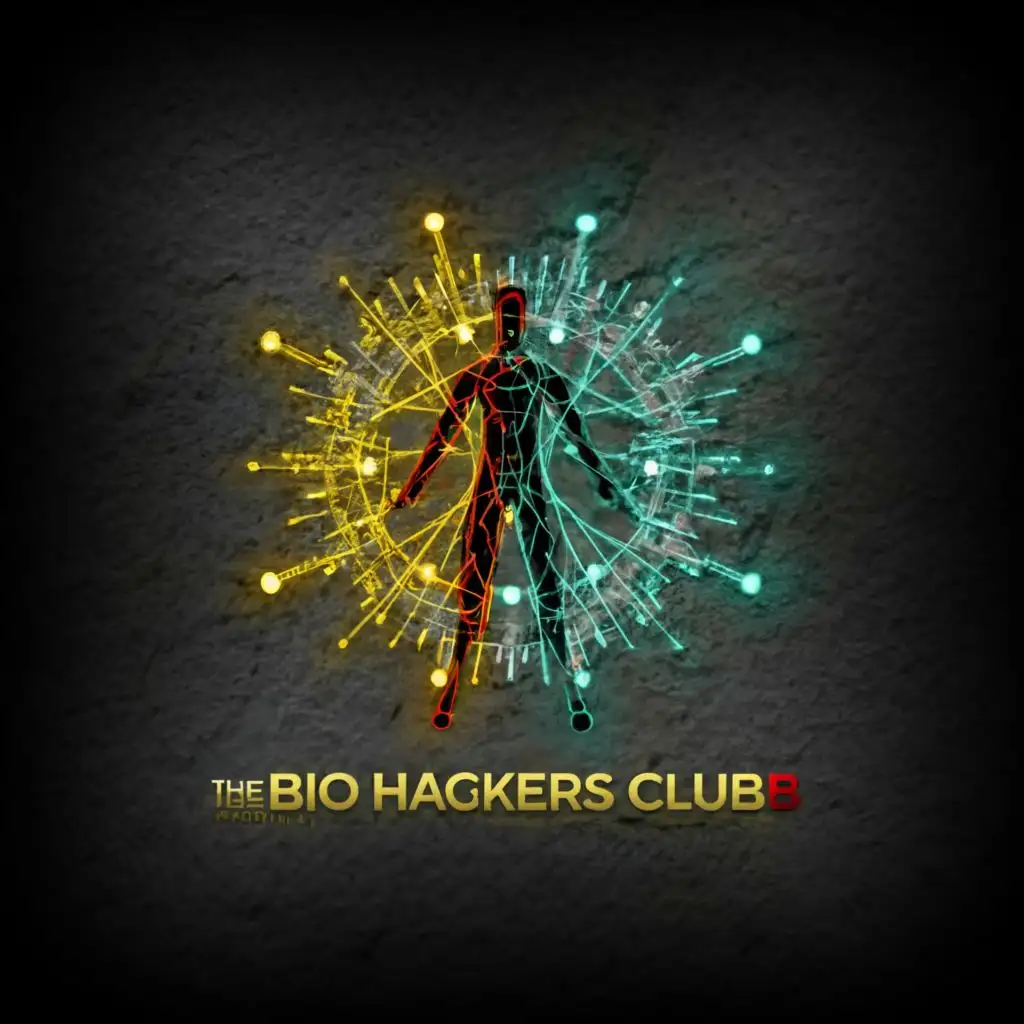 a logo design, with the text "The Bio Hackers club", main symbol: a male figure with bright red, blue, gold and green lights hitting him and running into his veins. surrounded by a golden circle