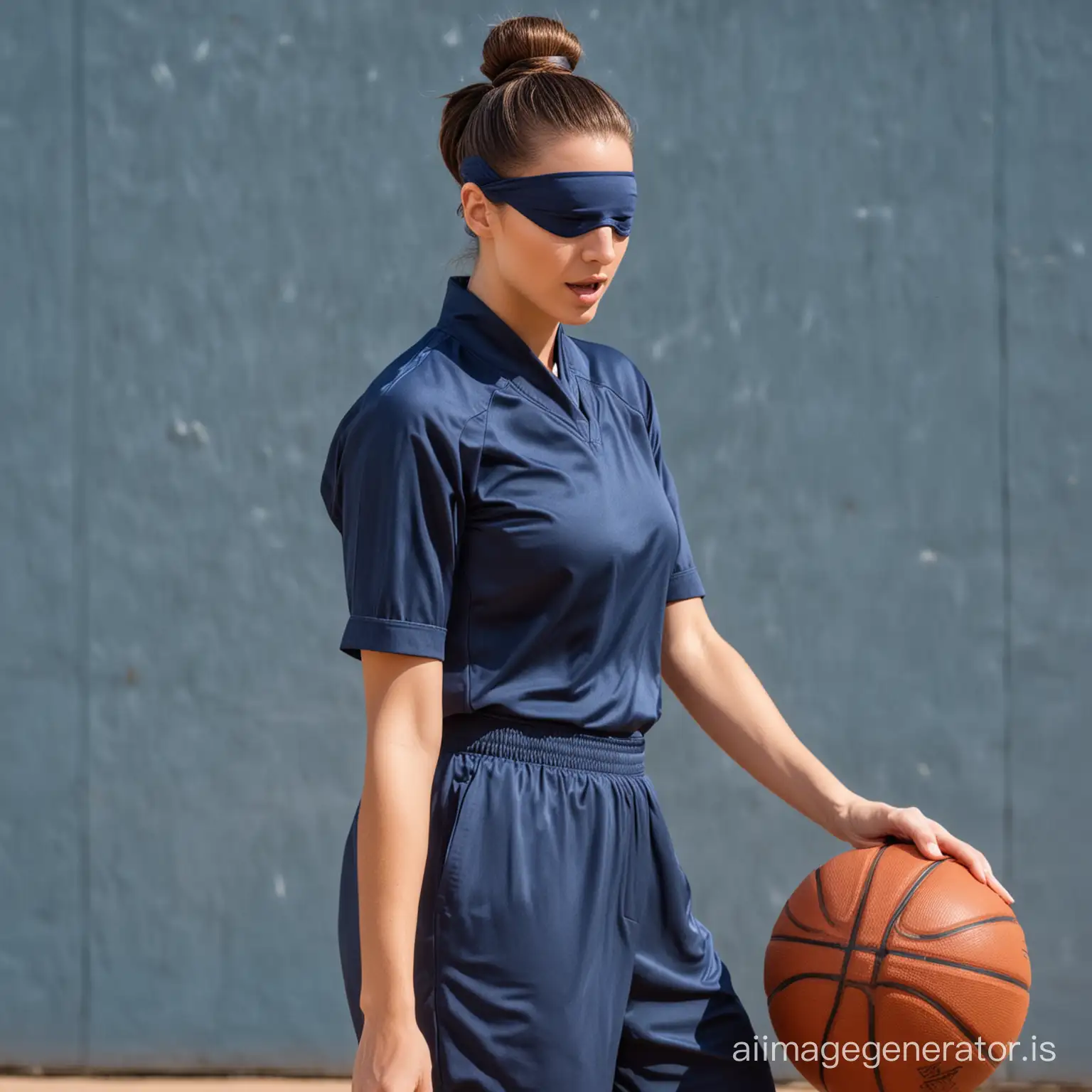 a tall brunette woman with a low, slick back, hair bun , blue uniform , playing basketball ,blindfold over her eyes