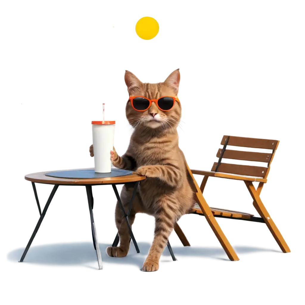 cute cat like cartoon wearing sunglasses sitting on a chair and drinking milk from bottel and watching solar eclipse