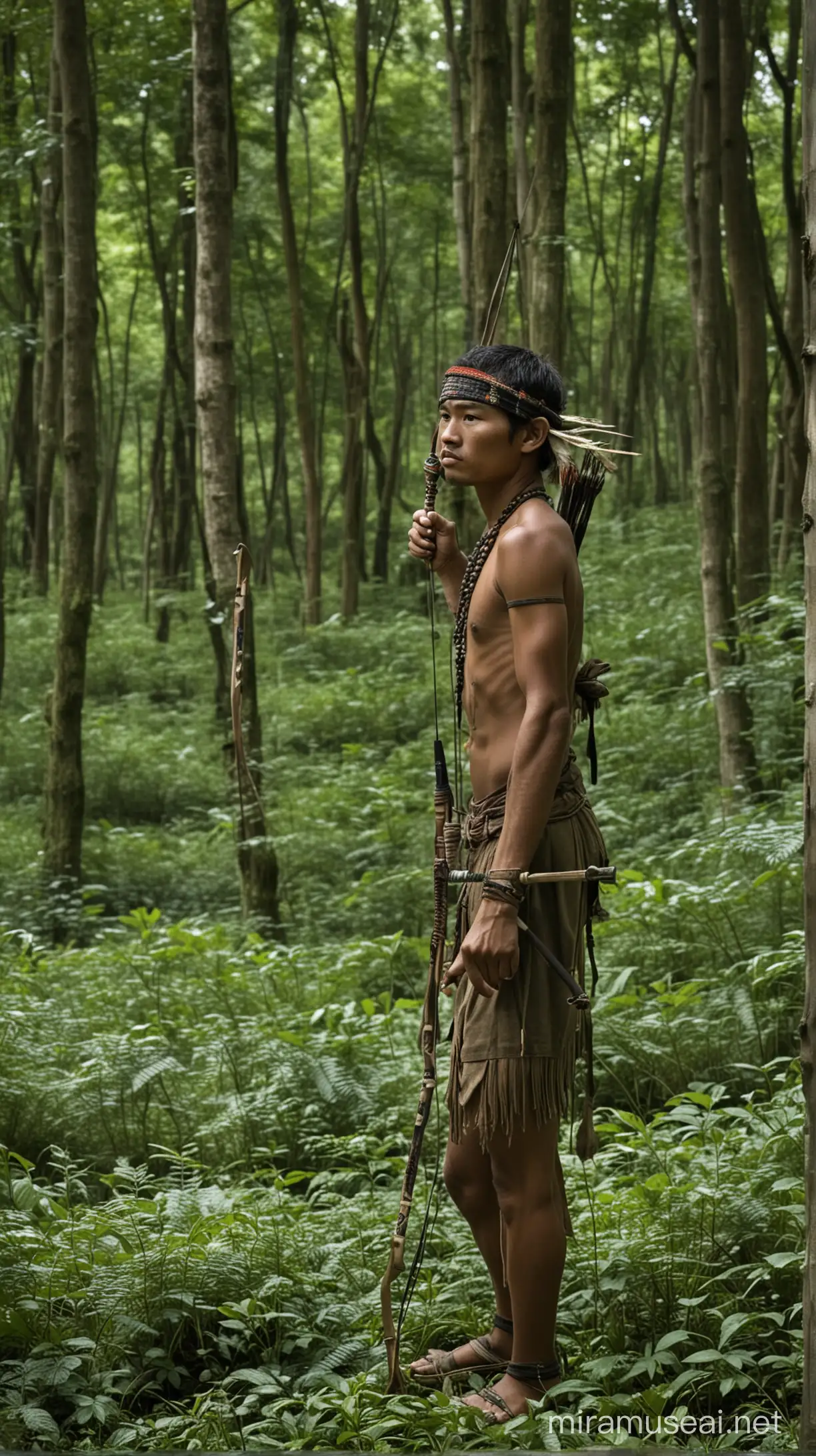 A member of the Awa tribe hidden in the depths of the lush green forest is seen preparing to hunt, preparing his bow.
