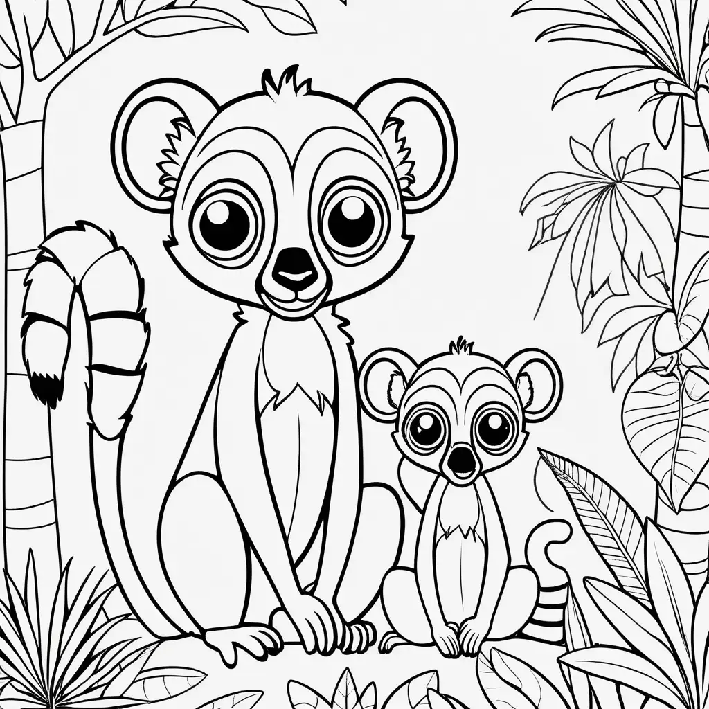 Create a coloring book page for 1 to 4 year olds. A simple cartoon cute smiling friendly faced lemur and its friendly faced parents with bold outlines in their native enviroment. The image should have no shading or block colors and no background, make sure the animal fits in the picture fully and just clear lines for coloring. make all images with more cartoon faces and smiling