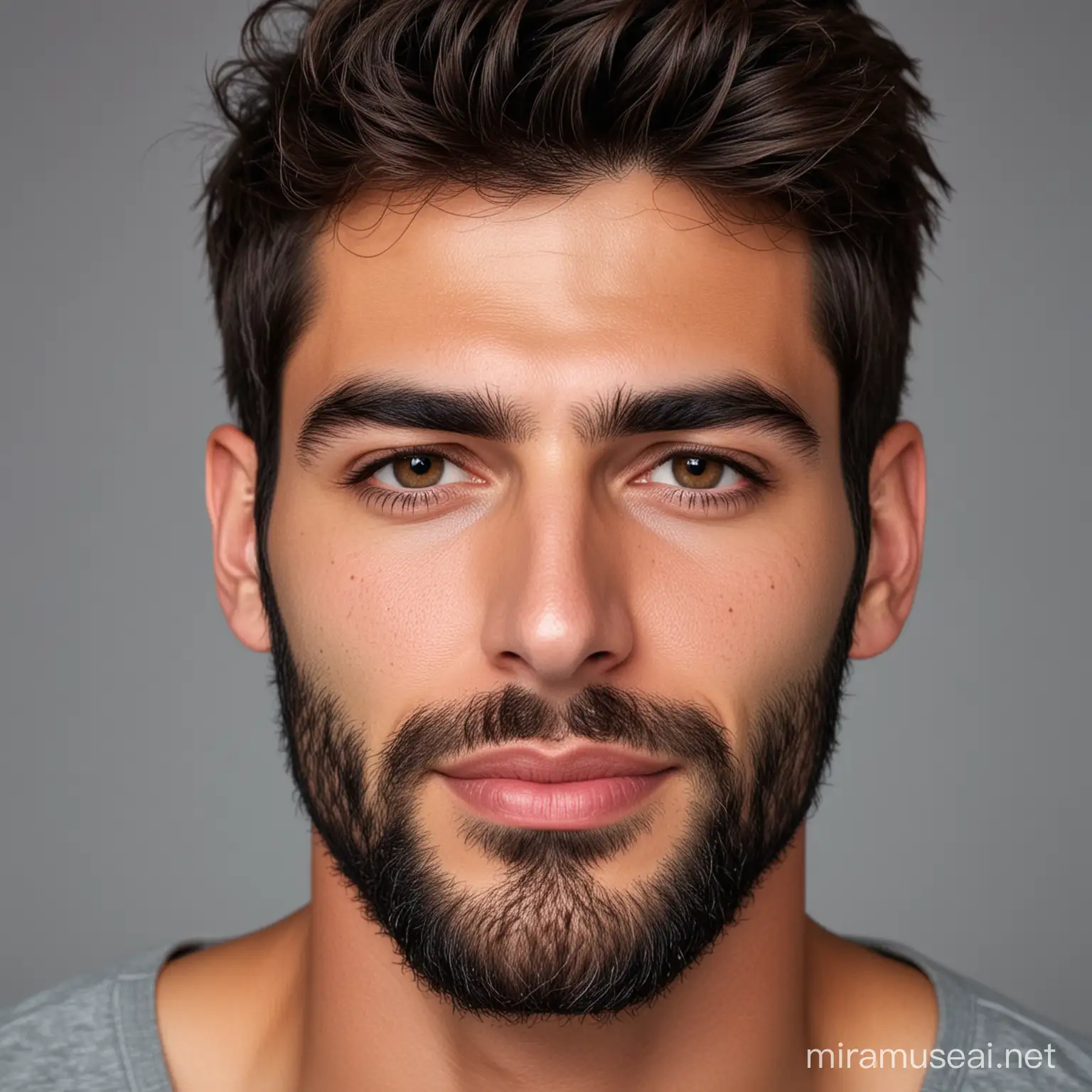 29 yo handsome spanish man face, beard, symmetric face, handsome, thick brows, perfect, HD, 8K, skin texture, square jaw, front view,