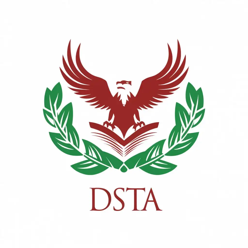 a logo design,with the text "DSTA", main symbol:Eagle fly holding book, with green leaves, red background,complex,be used in Legal industry,clear background