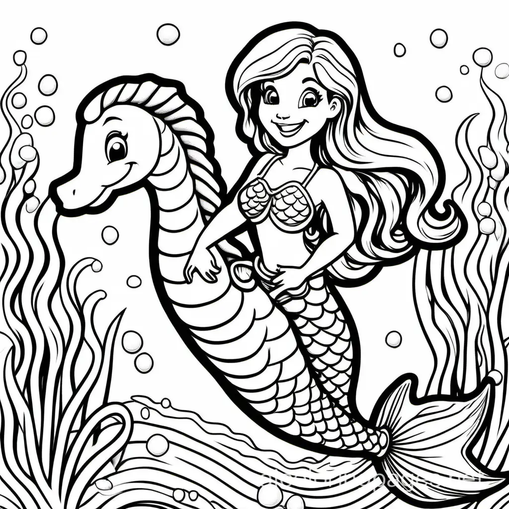 cute and happy smiling
mermaid riding a cute and happy seahorse, Coloring Page, black and white, line art, white background, Simplicity, Ample White Space. The background of the coloring page is plain white to make it easy for young children to color within the lines. The outlines of all the subjects are easy to distinguish, making it simple for kids to color without too much difficulty