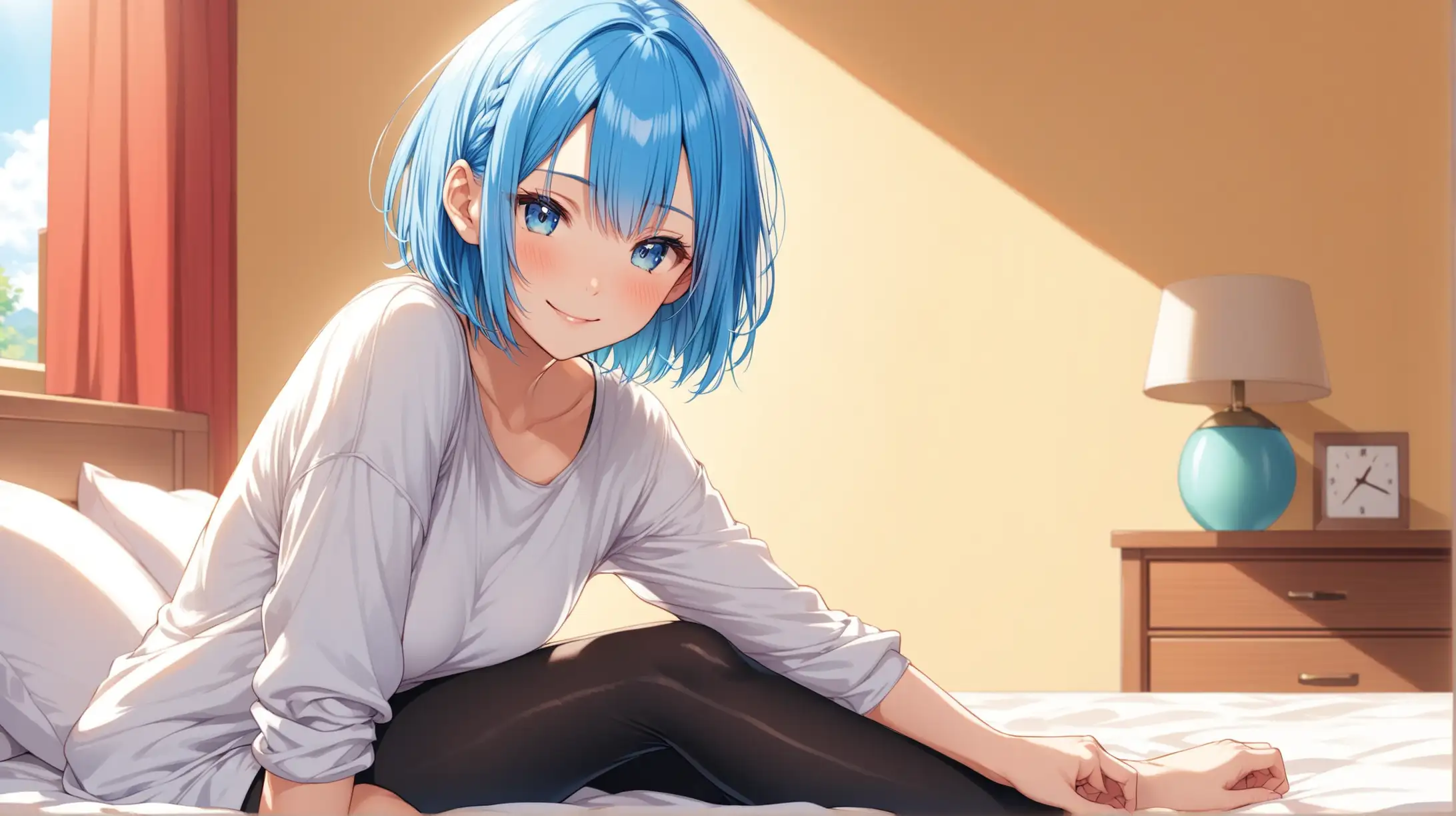 Draw the character Rem, high quality, in a relaxed pose, indoors, on a sunny day, with a bed in the background, wearing leggings and a shirt, smiling lovingly at the viewer