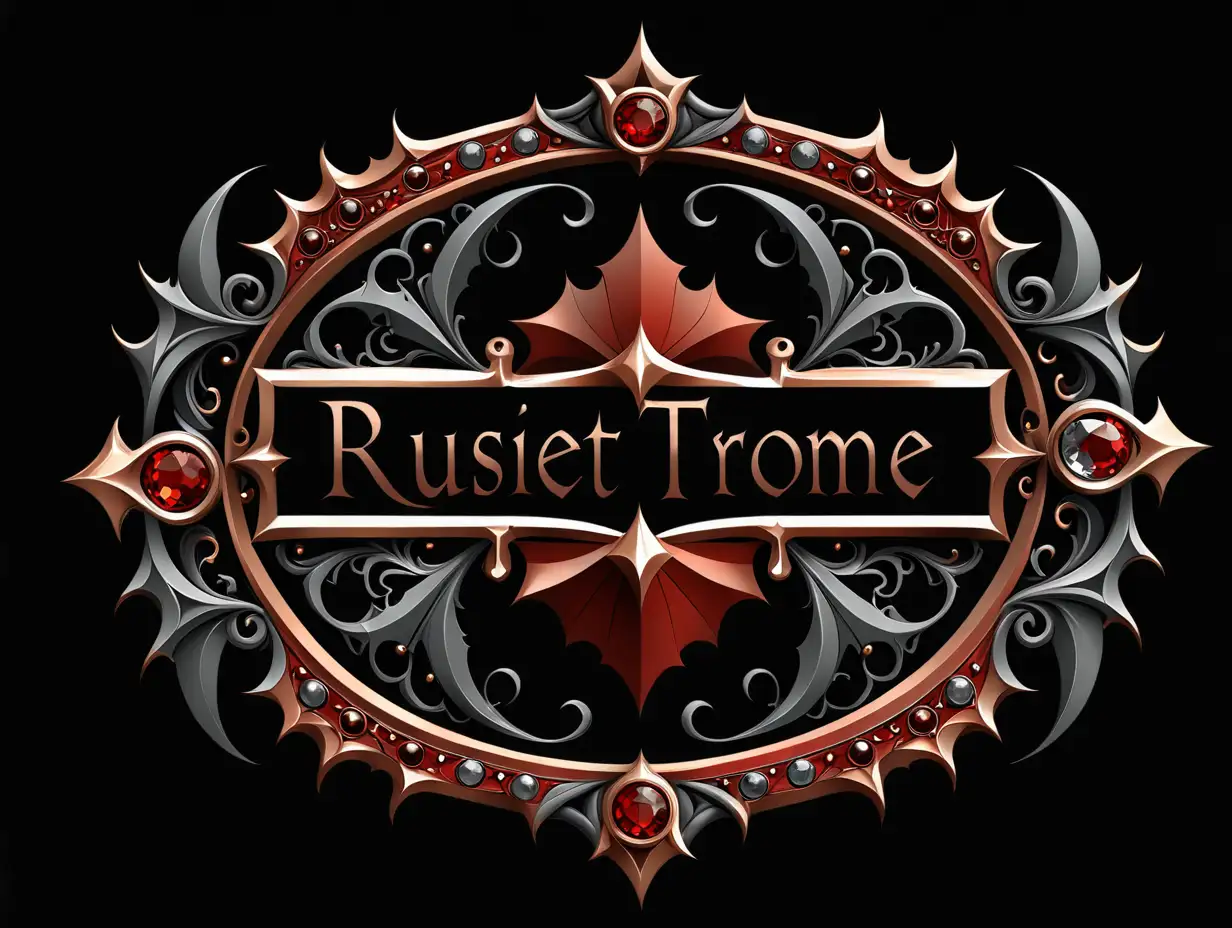 a company logo.  Russet red, Bronze, and charcoal grey, gothic with jewel accents.  Black background