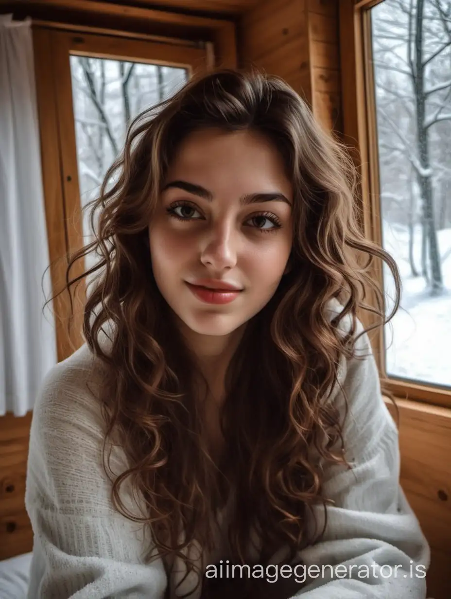 a photo of Michela, an Italian prosperous girl, just came back home from college with brown wavy hair, taking a self hot picture, relaxing into the cottage during a snowy day