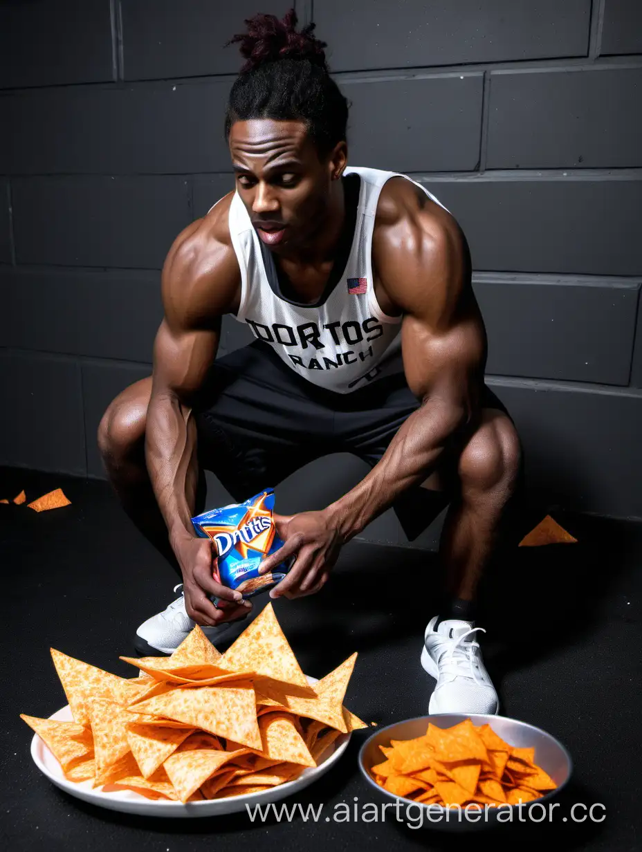 Basketball player doing crossfit while eating cool ranch doritos