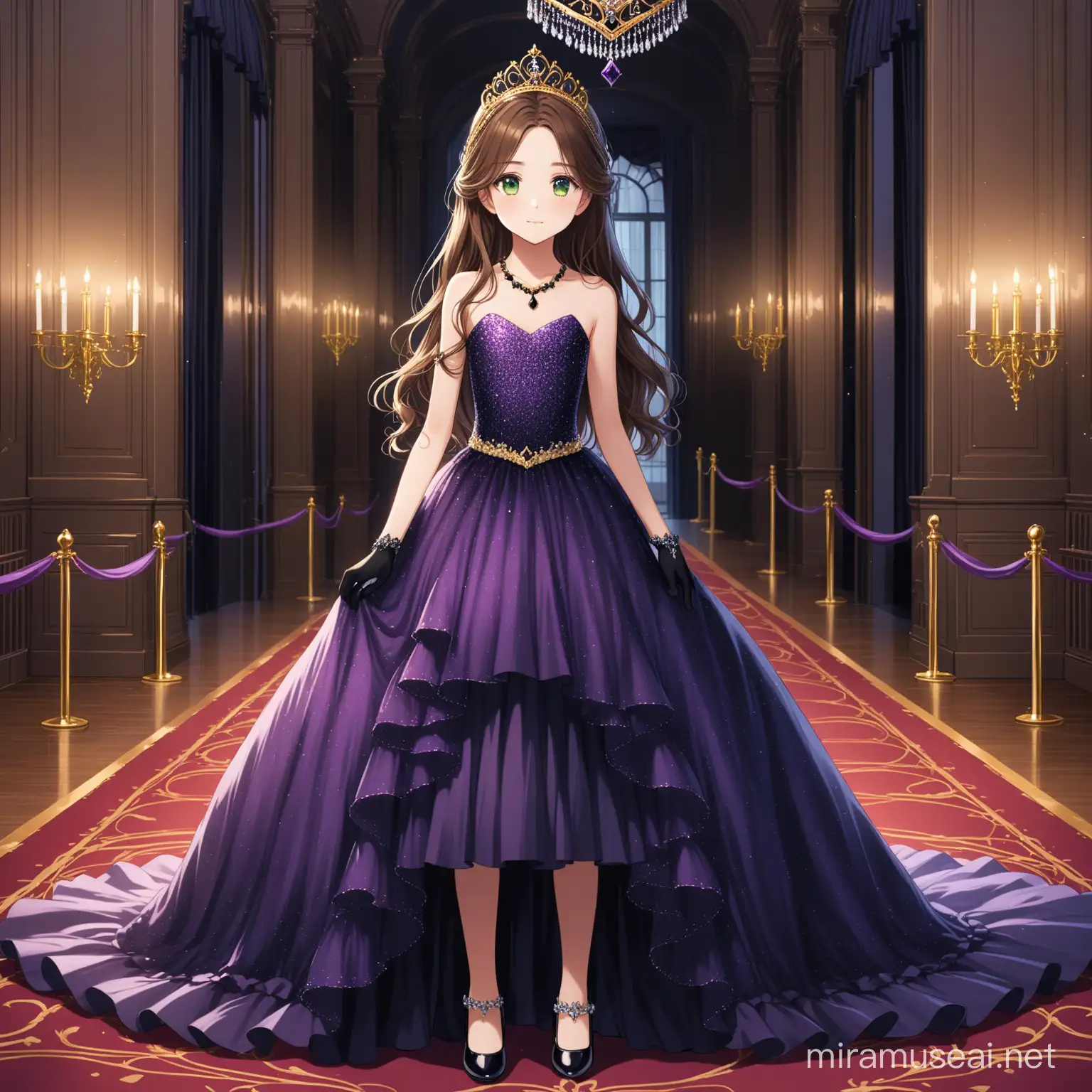 11 year old girl, long flowy brown hair, gold tiara, purple ball gown with a ribbon, black dainty shoes, black evening gloves, black necklace, grand mansion, green eyes, dark blue gloves,