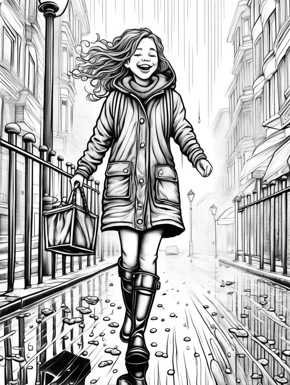 {best quality} {line work}, adult coloring book, high details, black and white. A laughing girl wearing rubber boots playing in the street during light rain. 