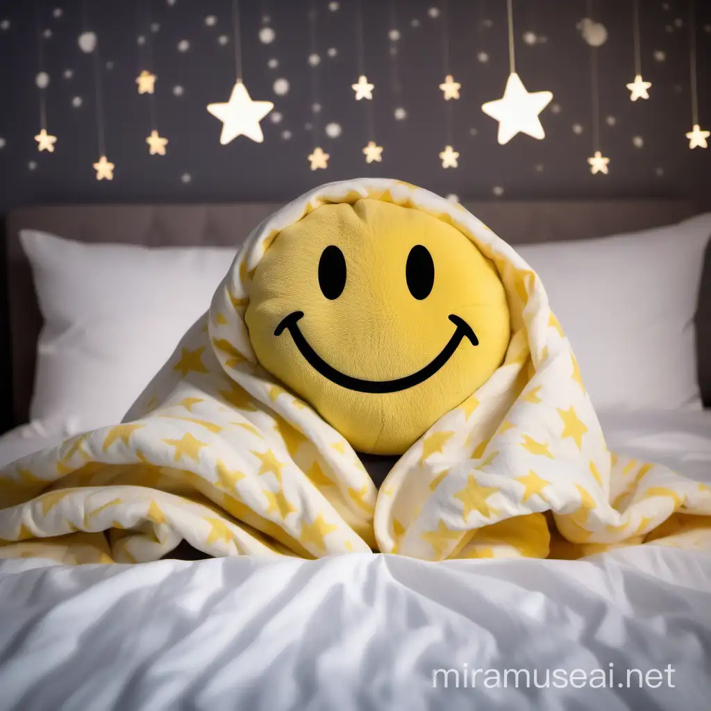 Smiley mit Kuscheldecke im Bett und  Sterne