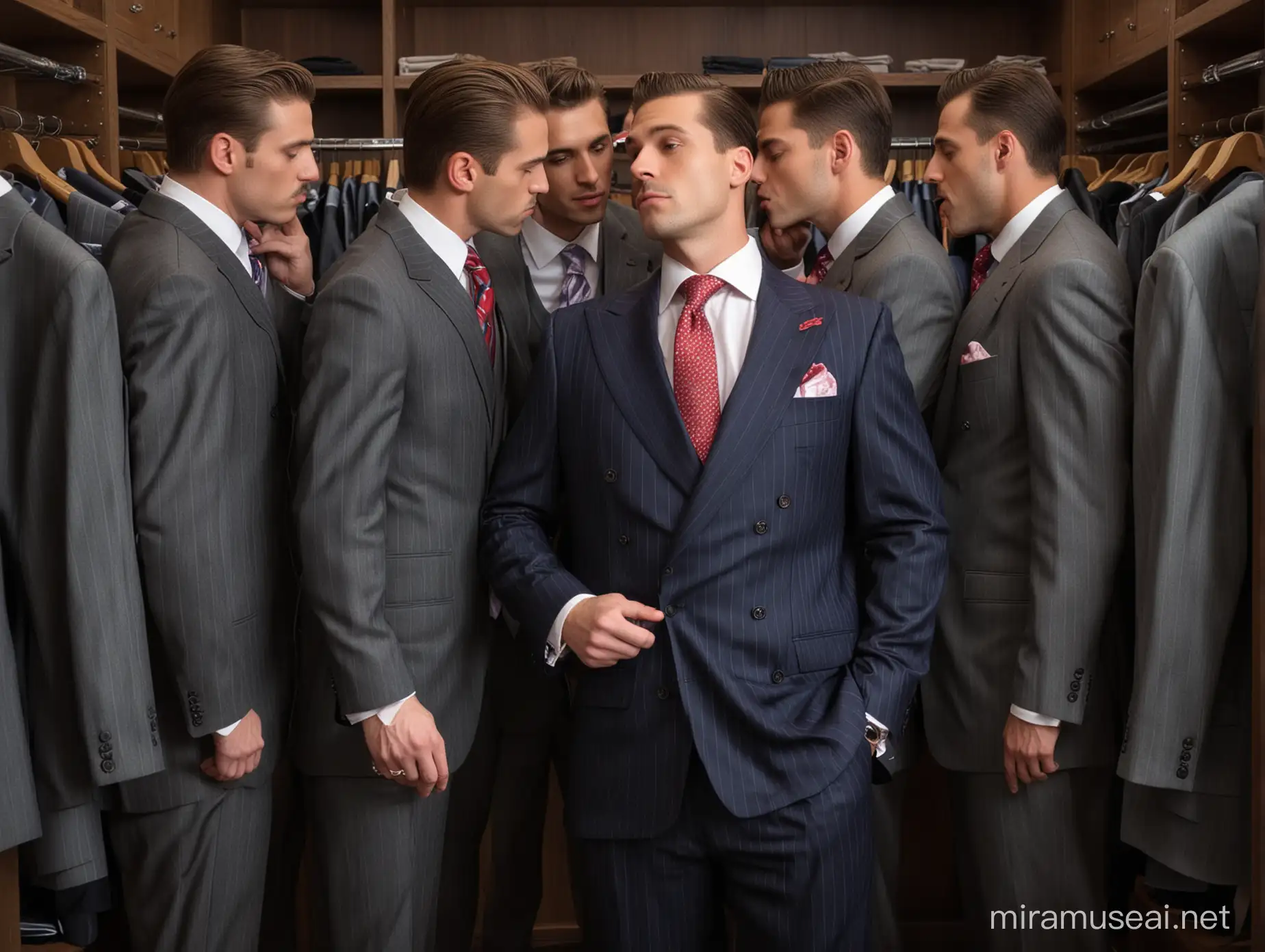 wide shot, three men, undressing, pinstripe suit and bright tie , very wide lapels, kissing his cheek, in a gentlemen's closet , lots of suits on racks, photographic, high resolution