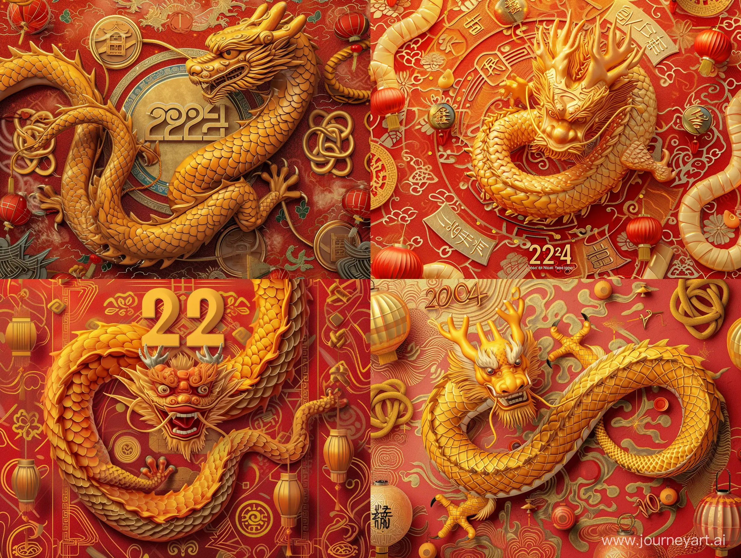 For the 2024 Chinese Year of the Dragon wallpaper, I'd blend traditional and modern elements. A vibrant background in Chinese red or gold with traditional patterns sets the scene. A lifelike dragon in the center symbolizes the year, while "2024" in traditional calligraphy adds context. Surrounding the dragon with festive Chinese New Year decorations like lanterns and knots completes the celebratory vibe. The design, tailored for smartphone screens, aims for visual harmony and conveys prosperity and joy for the year ahead.