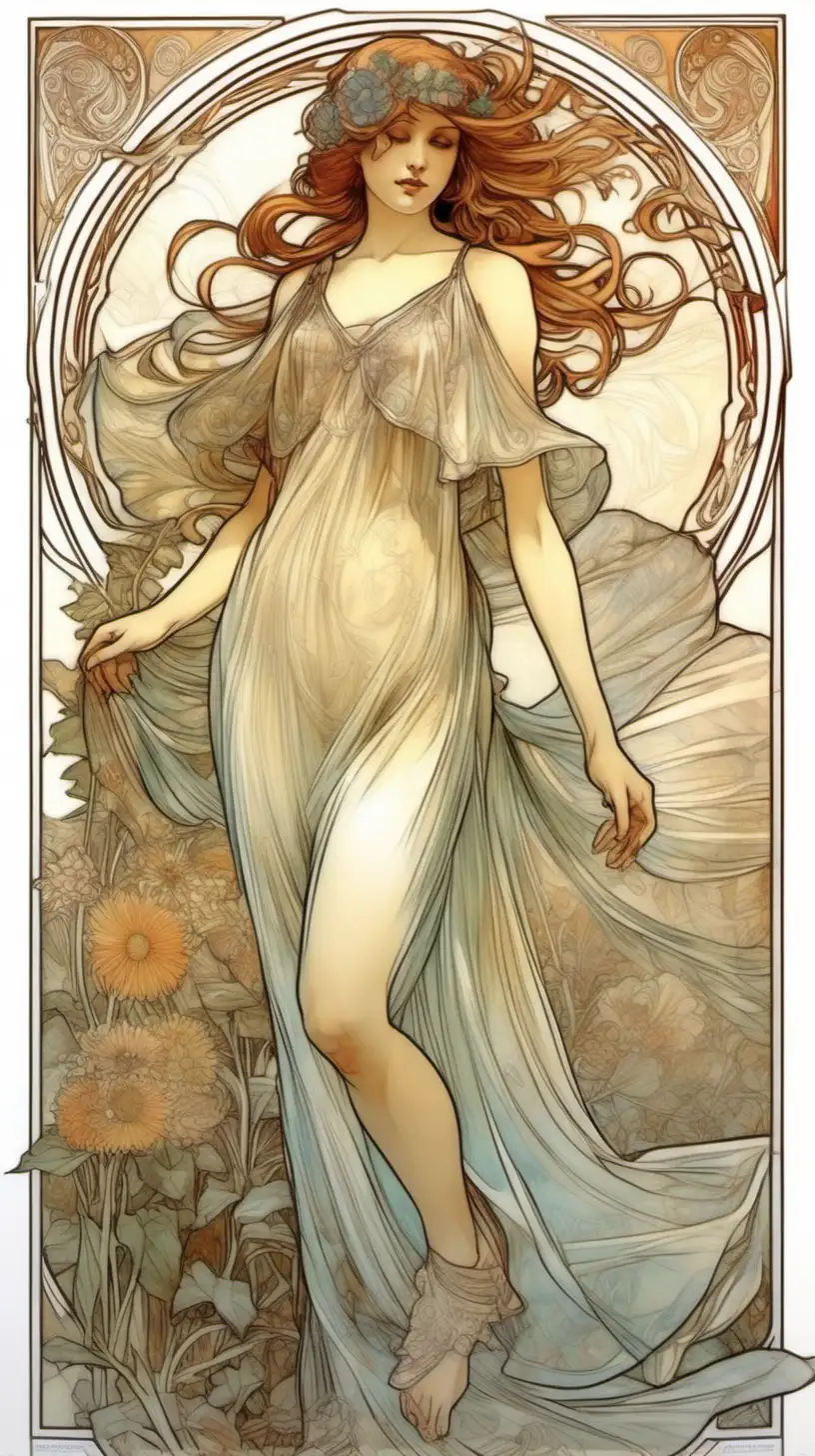 Ethereal Summer Elegance Alphonse MuchaInspired Girl in a Detailed Transparent Dress
