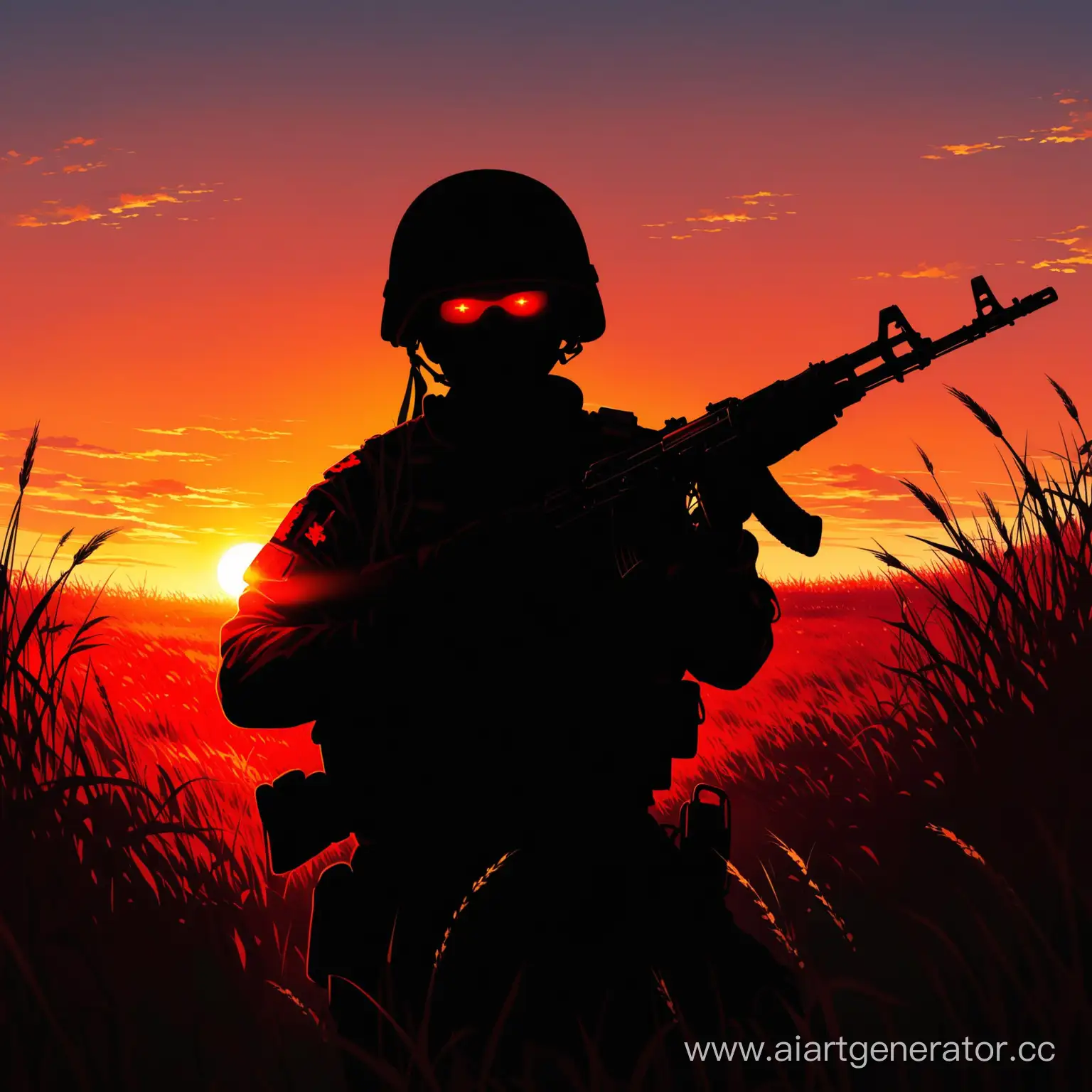 российский военный, черный силуэт, в руках AKM, глаза и улыбка светятся красным, в поле, под ногами трава, закат