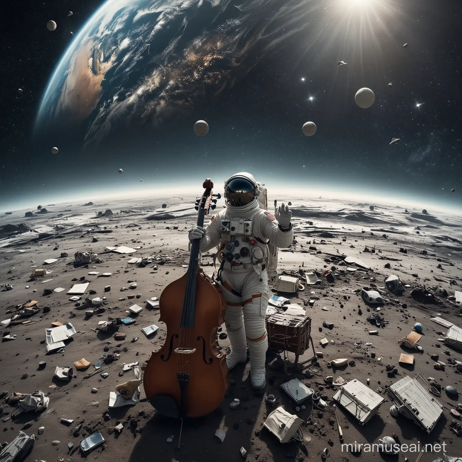 Capture the ethereal scene of a lone astronaut suspended in the vastness of space. Surrounded by the silent beauty of the cosmos, the astronaut floats gracefully amidst a surreal ensemble of instruments: a contrabass, accordion, guitar, and drum, each instrument hovering weightlessly.

In the distant backdrop, the familiar sight of Earth unfolds, yet it is marred by a tragic reality. A blanket of plastic pollution shrouds the once-pristine planet, serving as a stark reminder of humanity's impact on the environment.

The juxtaposition of the astronaut and the musical instruments against the backdrop of Earth's plight creates a striking visual narrative, inviting viewers to ponder the interconnectedness of humanity, music, and the fragile beauty of our planet.
