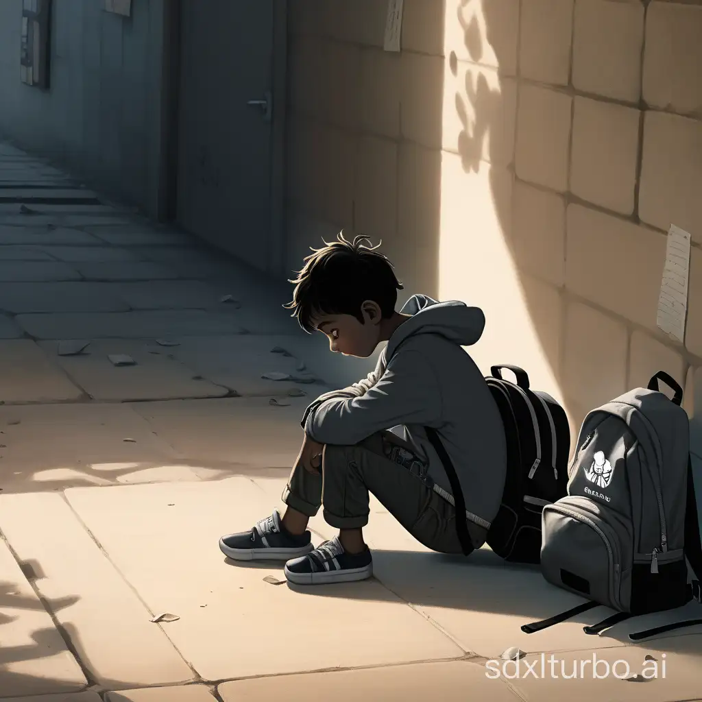 In a small corner of the campus shrouded in shadows, a lonely child crouches on the ground, their clothes disheveled and their expression one of pain and terror. Scattered around them are backpacks and books.