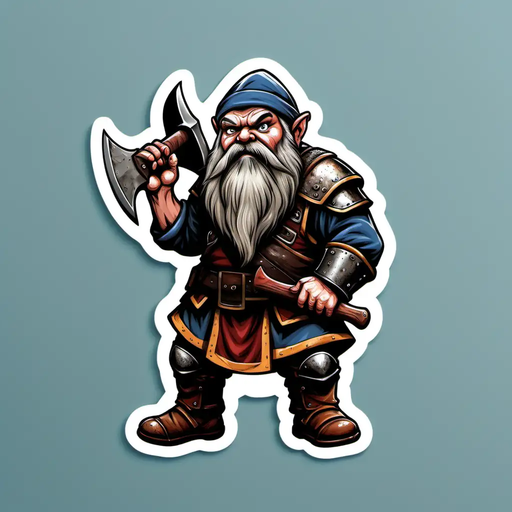 sticker of a dwarf holding an axe on a battlefield scenario with clear background
