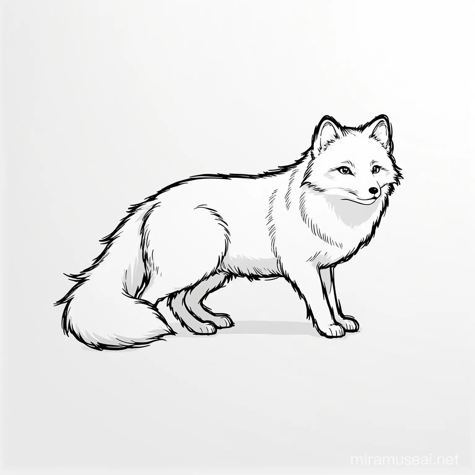 black and white outline arctic fox on white background