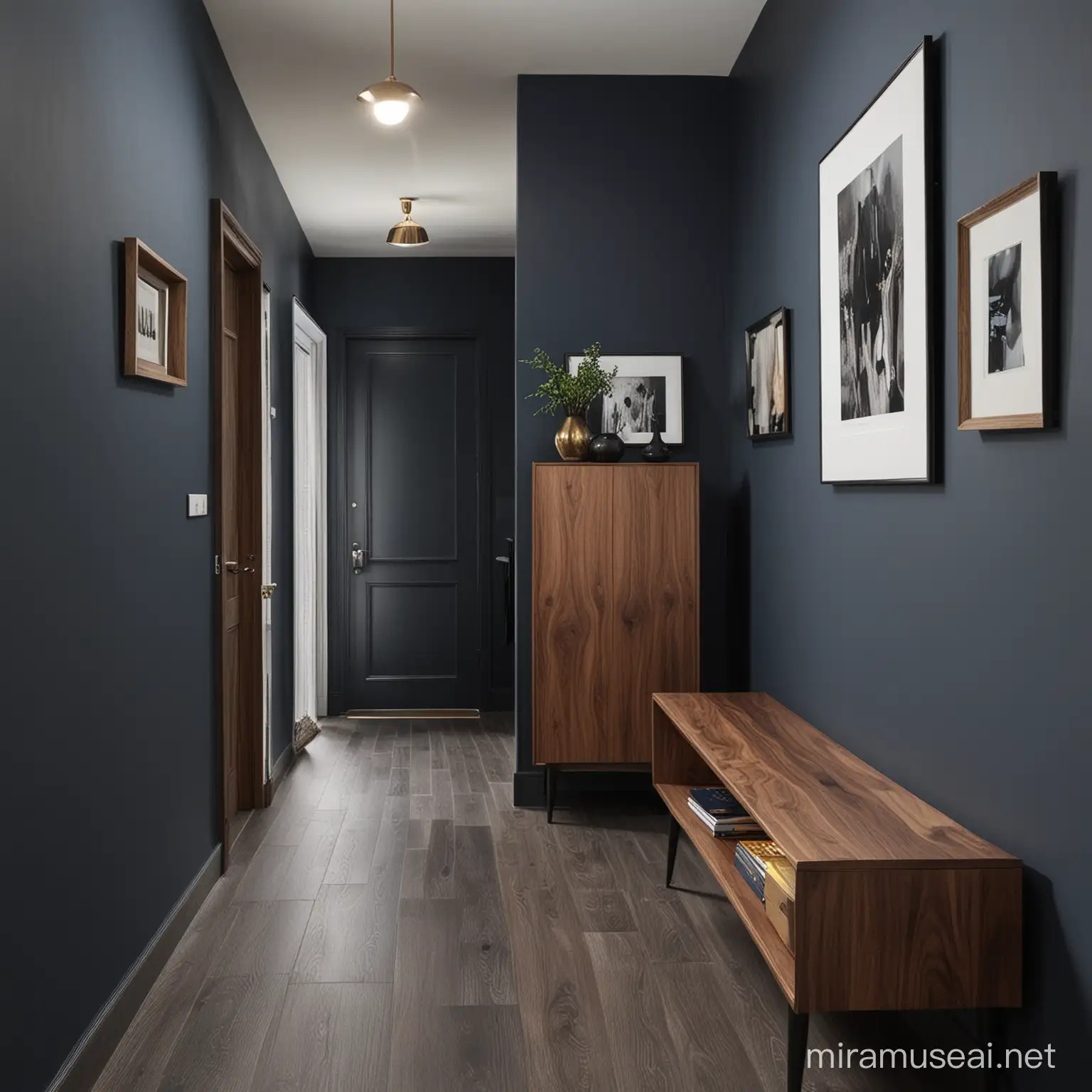 dark grey blue, walnut, modern, hallway