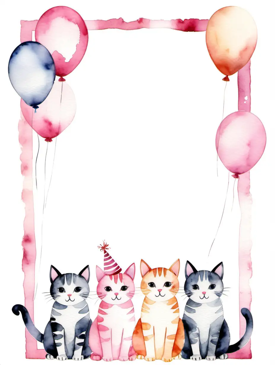 birthday invitation with watercolor cats and a pink border, isolated on a white background, without any text