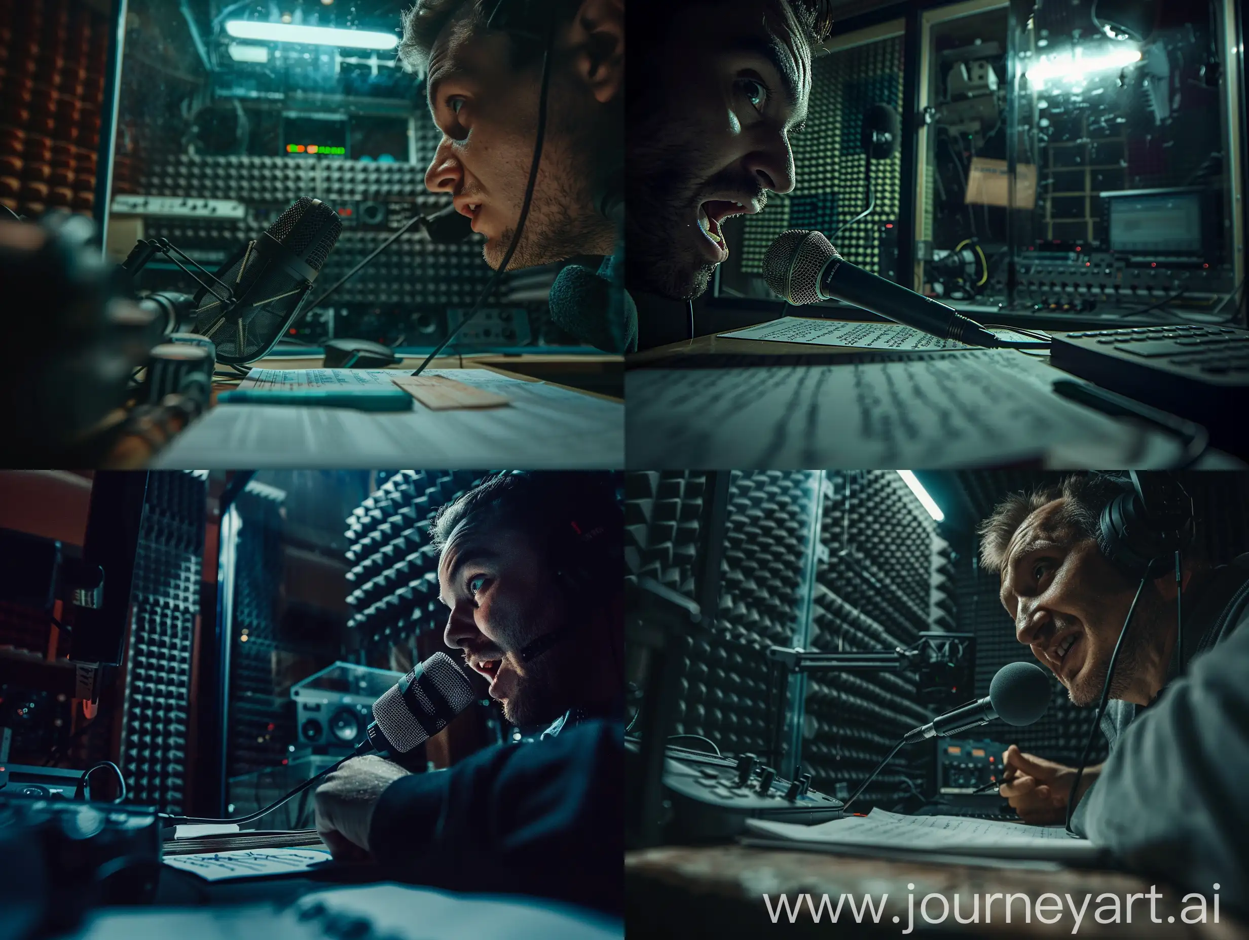 Close-up frontal low side shot with dark atmosphere of a 25 year old radio speaker speaking into the microphone, resting on the table with notes on it, in his radio broadcast room. The room is very small and the walls are covered in sound-absorbing material. In front of the speaker there is a large glass window that divides the room from the control room. The speaker has an amused face and is looking down from the side into the camera lens