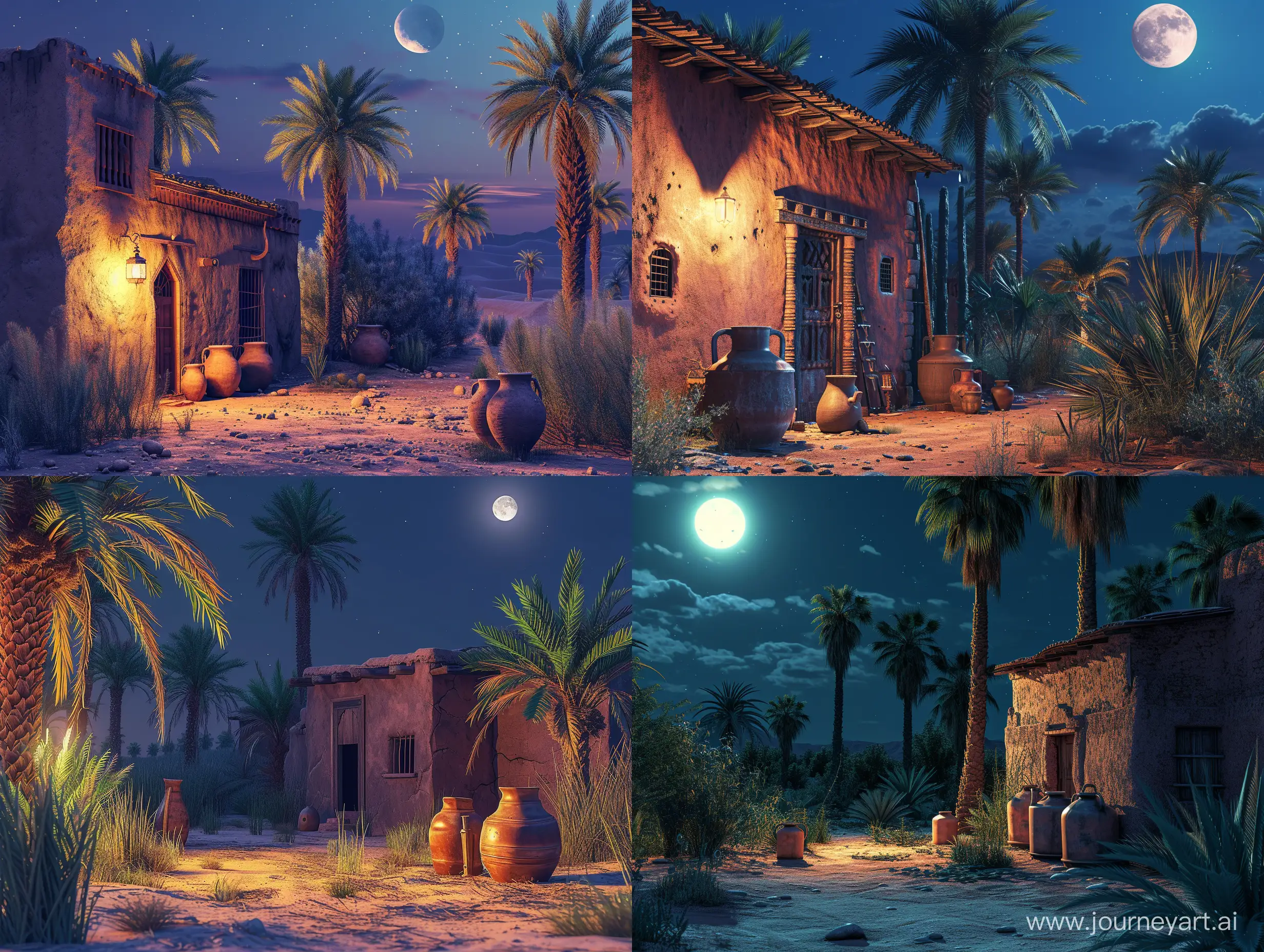 Moonlit night in the Sonoran desert in the style of the Muslim east, palm trees, old jugs near the house, adobe hacienda, realistic, bright colors, highly detailed composition, beautiful detailed complex insanely detailed octane rendering trending on artstation, artistic photography in 8k format, photorealistic concept art, soft natural volumetric cinematic ideal light