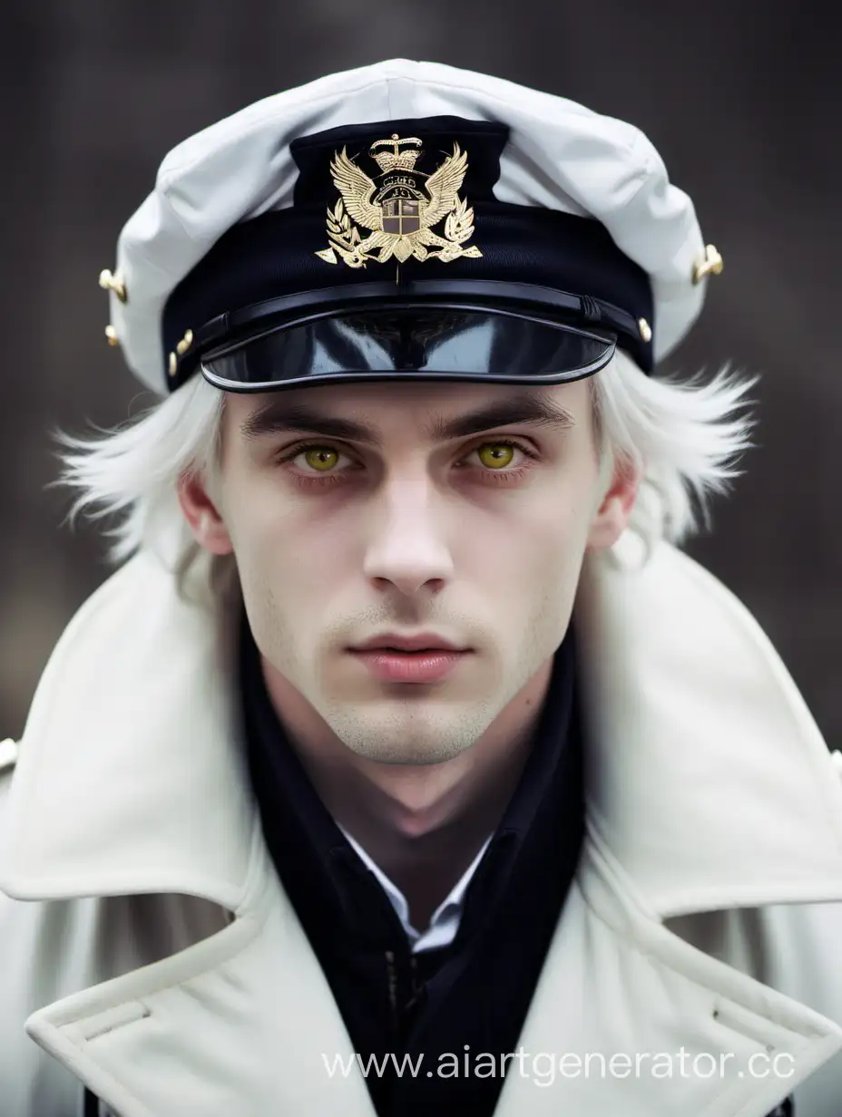 Белые волосы каре, пышная структура волос, жёлтые глаза, добрый взгляд, бледная кожа, фуражка пилота, чёрное пальто, парень 