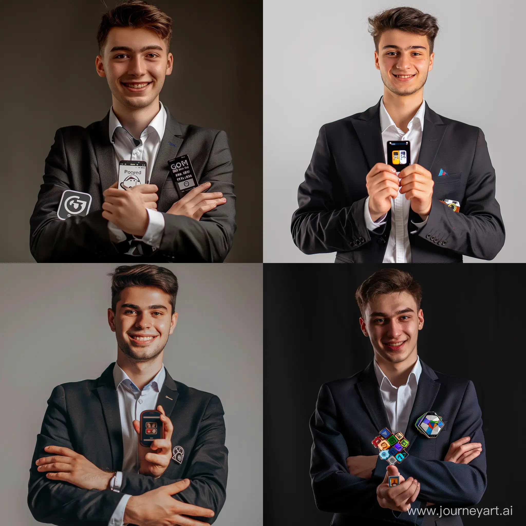 A young handsome mobile game developer, a student, holds the talisman of Android and Unity in his hands, in a business suit, with a smile and crossed arms, realism, natural light --ar 1:1 --no 88303
